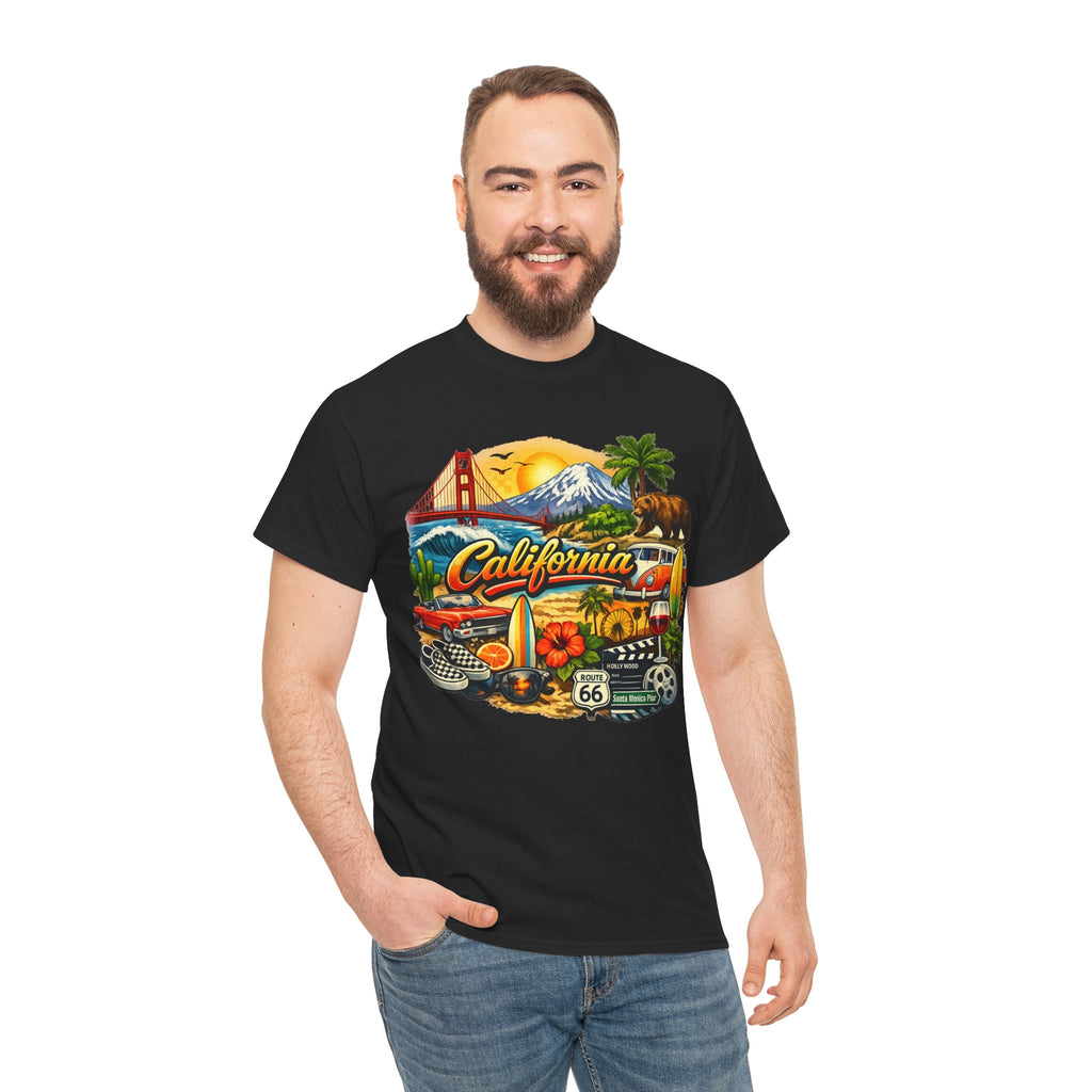 California Vintage Travel T-Shirt — Golden Gate, Palm Trees & Route 66 Tee