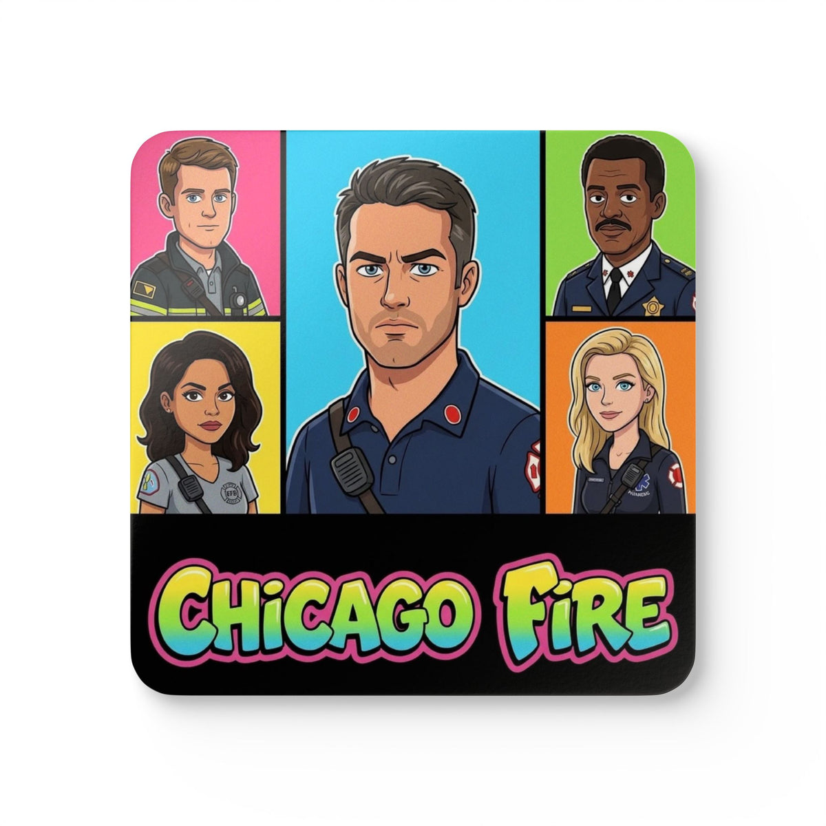Chicago Fire Cartoon Cork Coaster Set — TV Show Character Drink Coasters