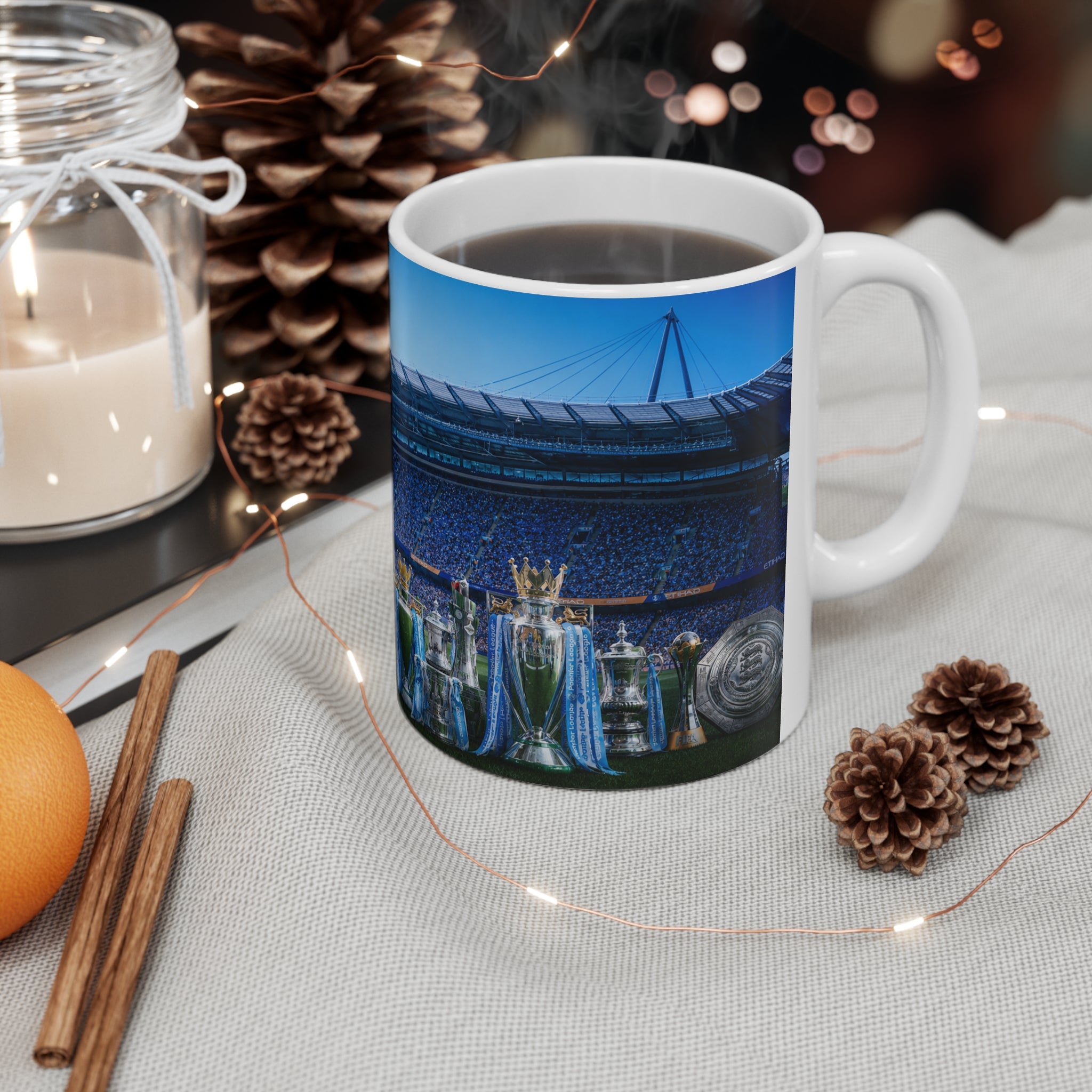 Rodri Man City Soccer Champion Ceramic Mug — Fan Cup with Trophies & Stadium Scene