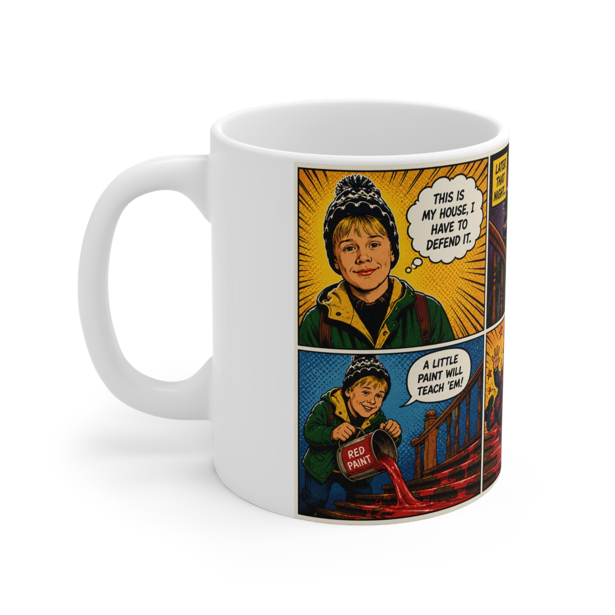 Home Alone Comic Strip Ceramic Coffee Mug — Vintage Pop Art Horror Panels (11oz & 15oz)