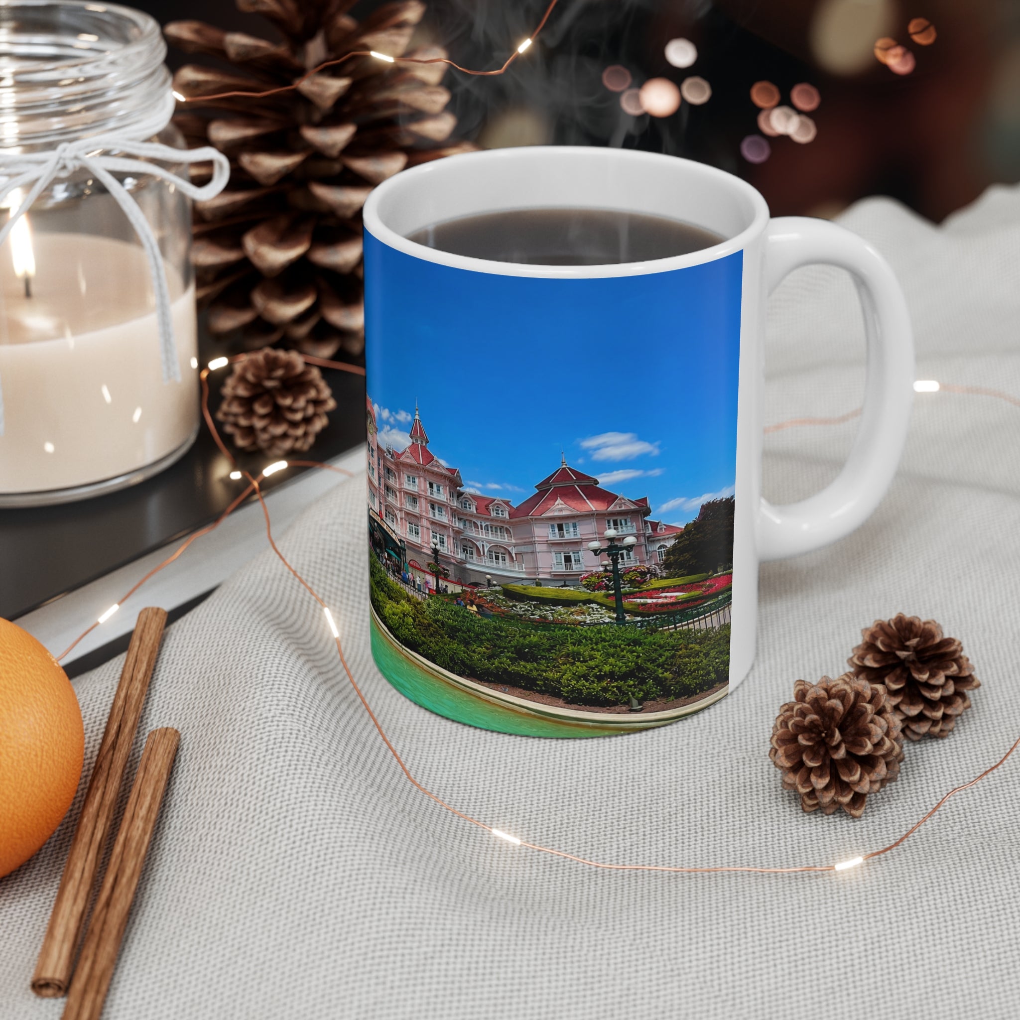 Disneyland Paris Pink Castle Photo Mug — Floral Park Scenic Coffee Cup (11oz, 15oz)