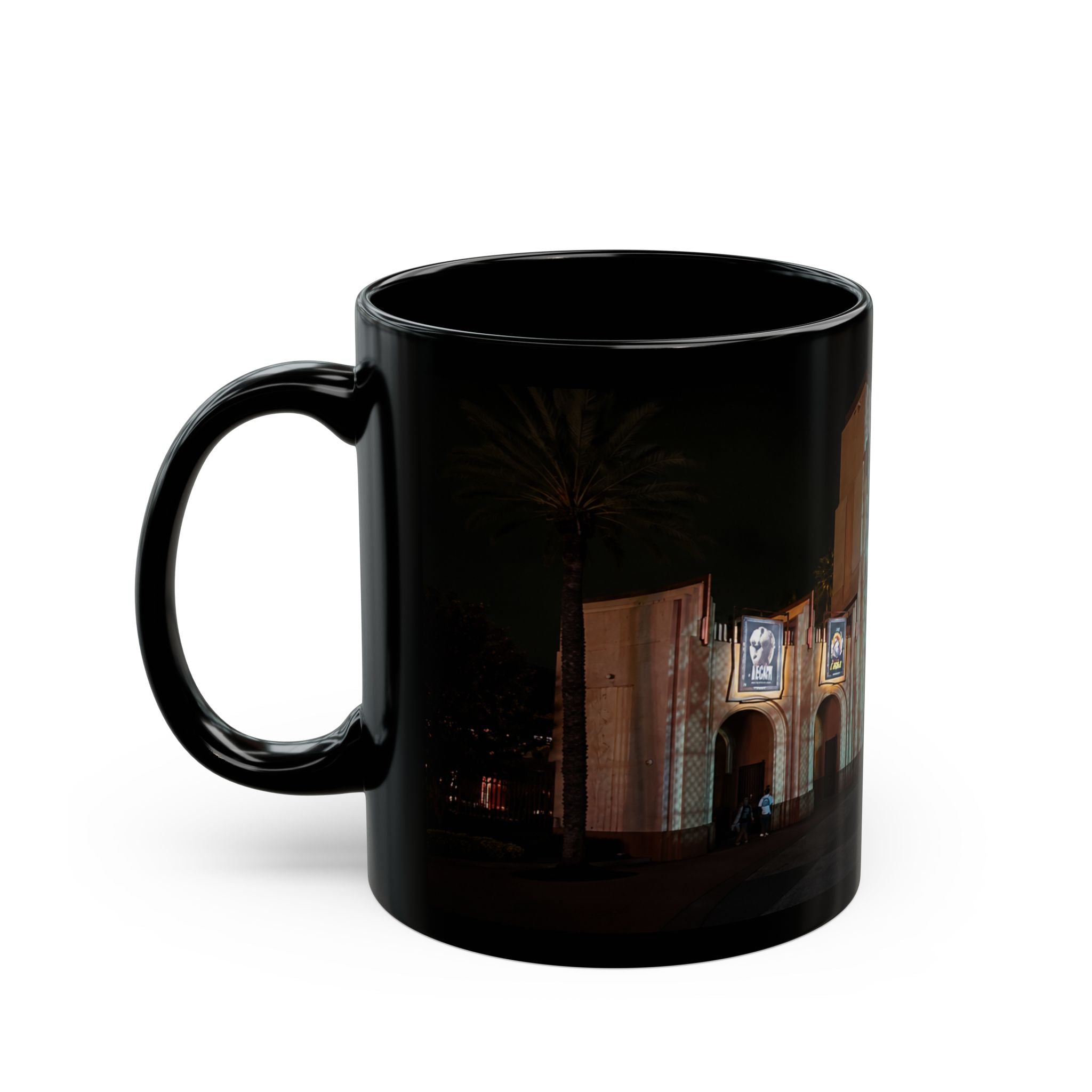 Universal HHN Black Ceramic Mug — Nighttime Theme Park Arch Photo (11oz & 15oz)