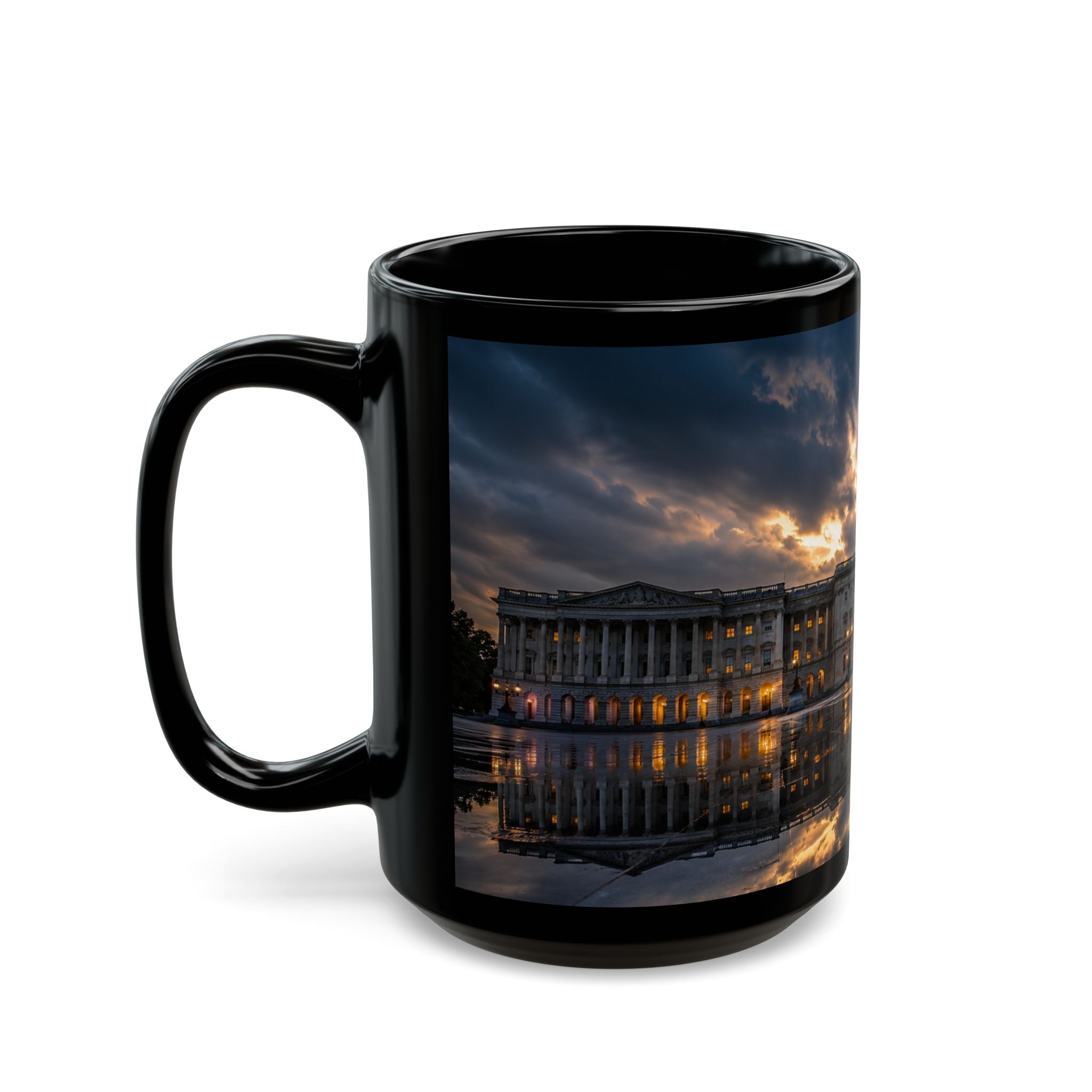 US Capitol Reflection Black Mug — Washington D.C. Skyline Coffee Cup (11oz, 15oz)
