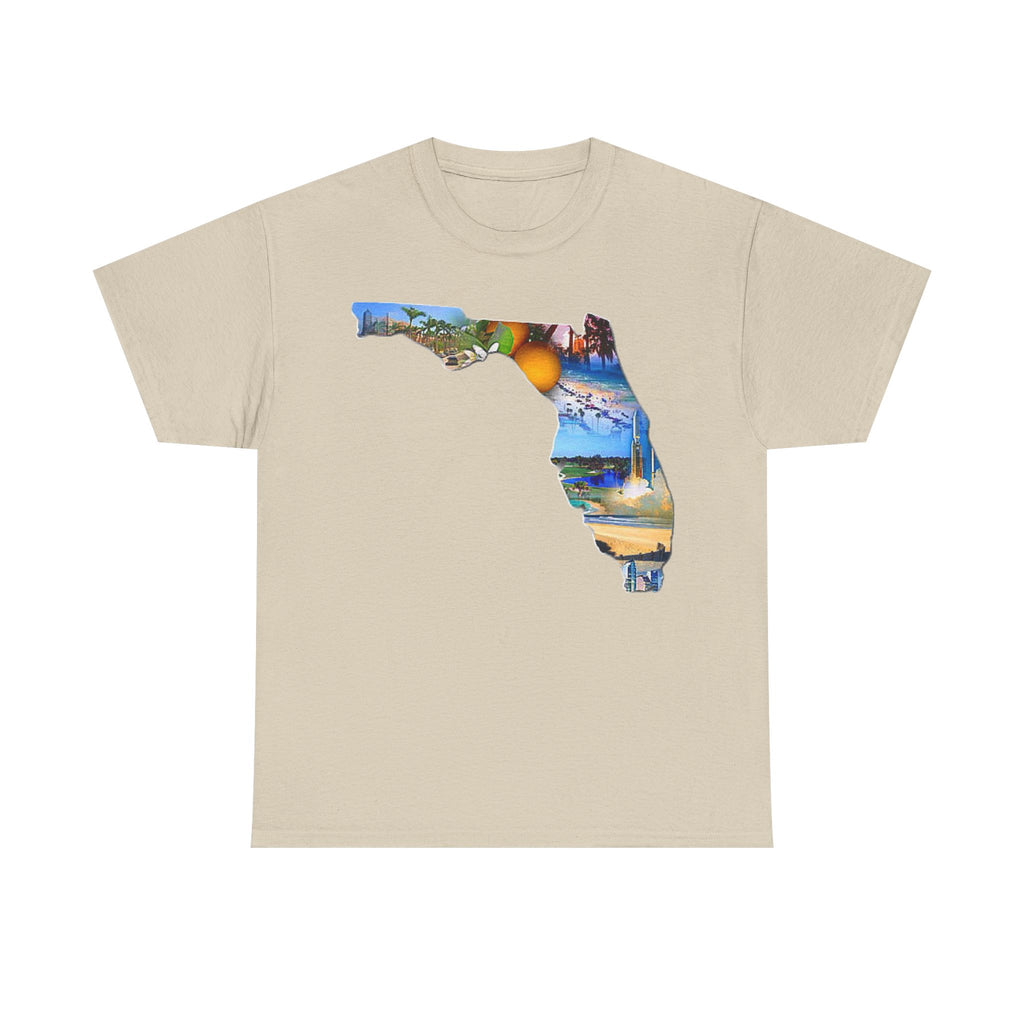 Florida State Shape T-Shirt — Scenic Beach & Sunset Map Tee