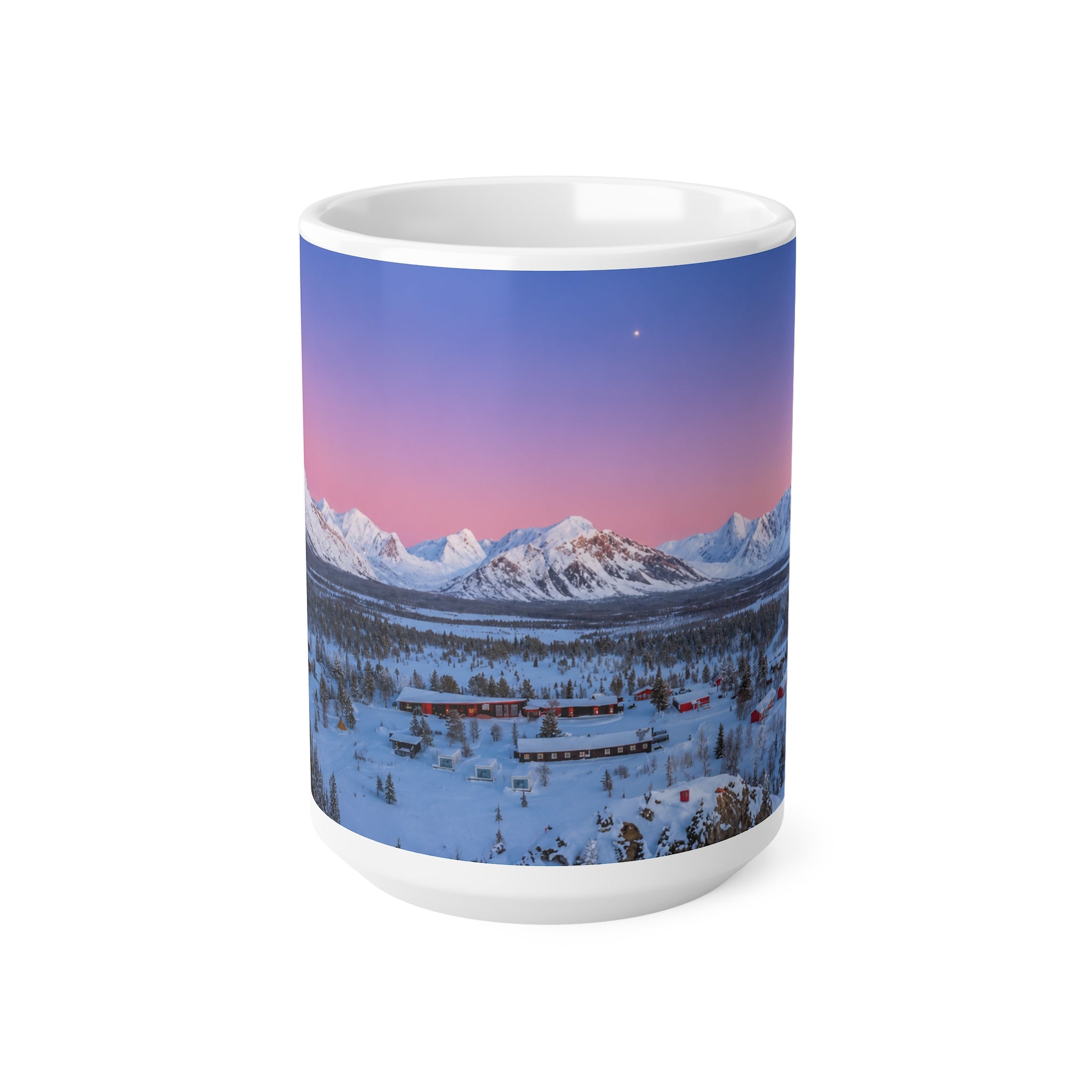 Scenic Winter Mountain Mug — Snowy Lodge Sunrise Ceramic Coffee Cup (11oz & 15oz)