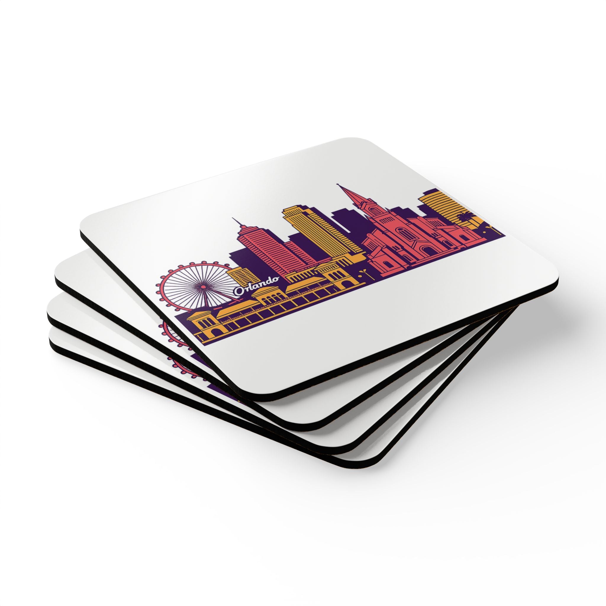 Orlando Skyline Cork Coaster Set – Colorful Cityscape Drink Coasters (4-Pack)