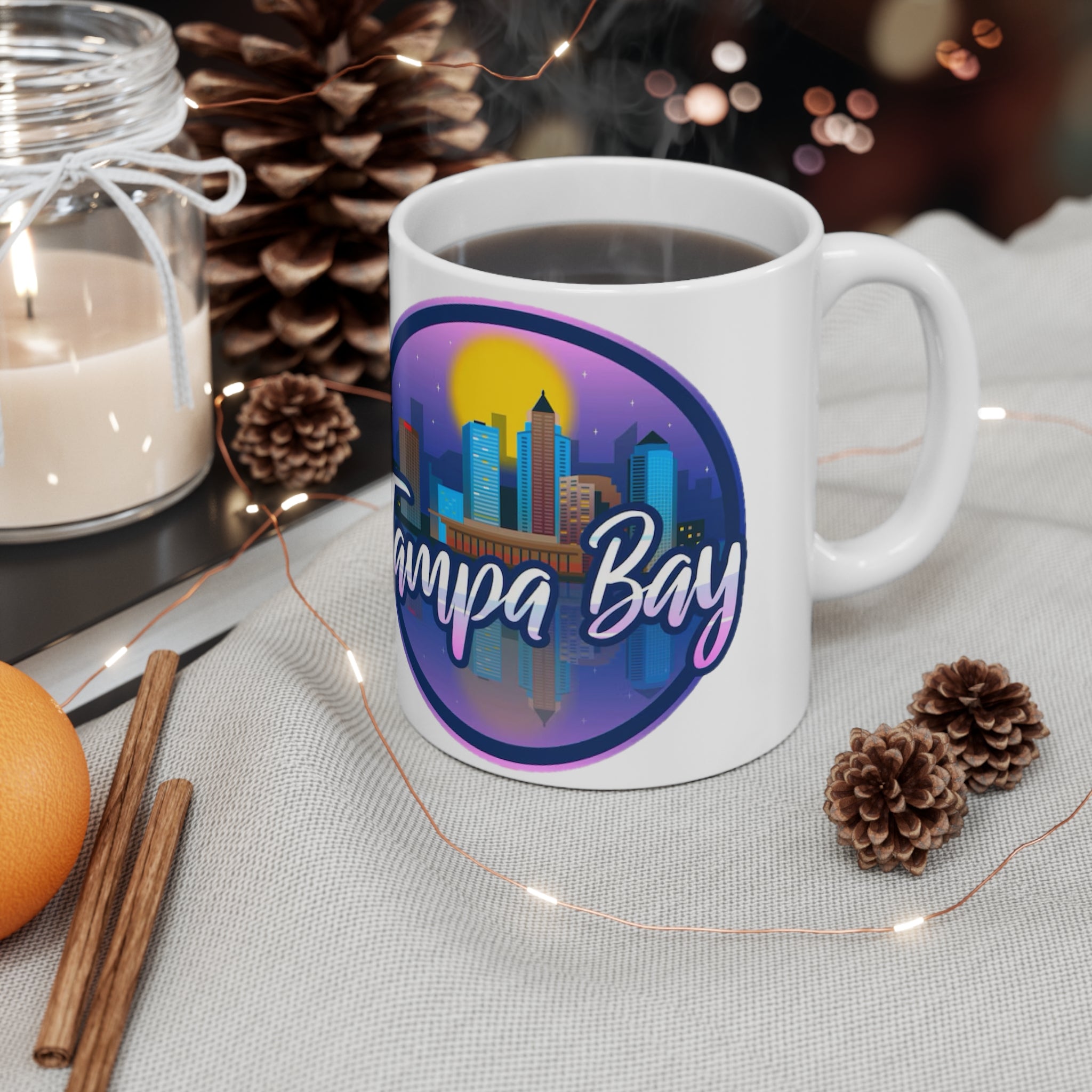 Tampa Bay Skyline Ceramic Coffee Mug — Retro Sunset Cityscape, 11oz & 15oz