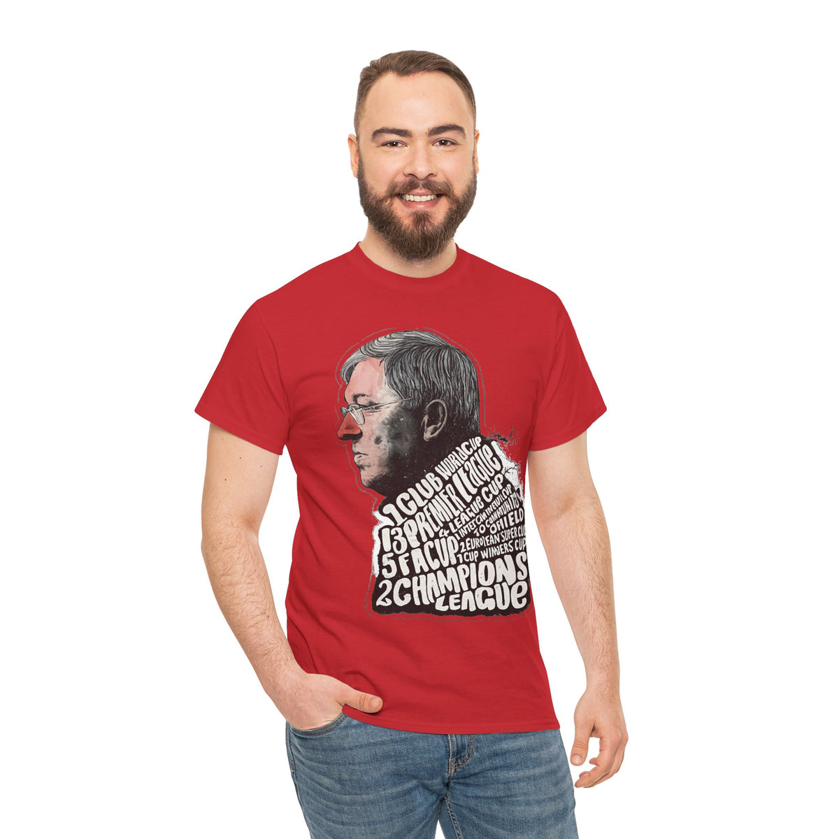 SIr Alex Ferguson Achievements Vintage Football Manager Profile Tee — Illustrated Head with Trophy Text Design