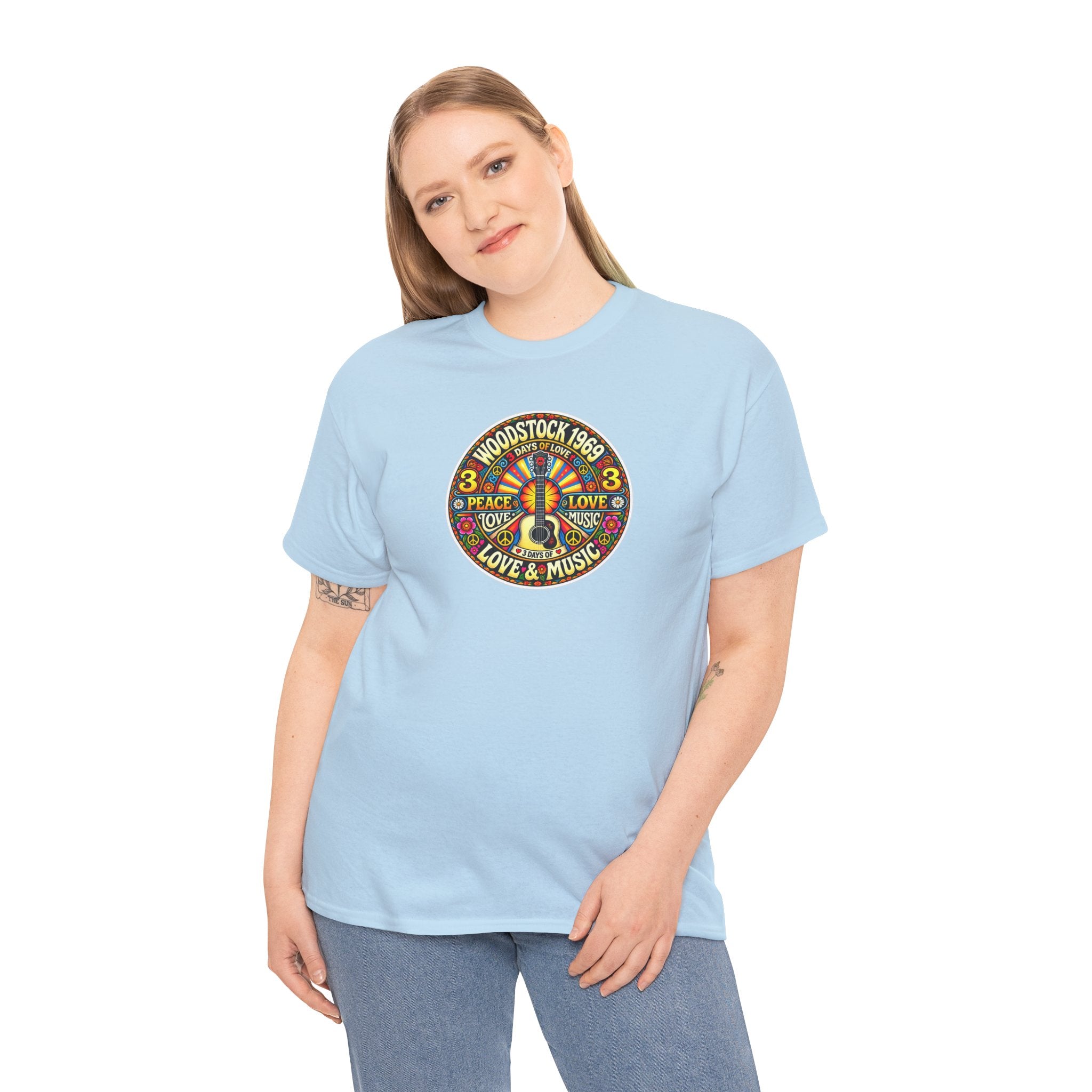 Woodstock 1969 Peace & Love Graphic Cotton T- Shirt / Tee