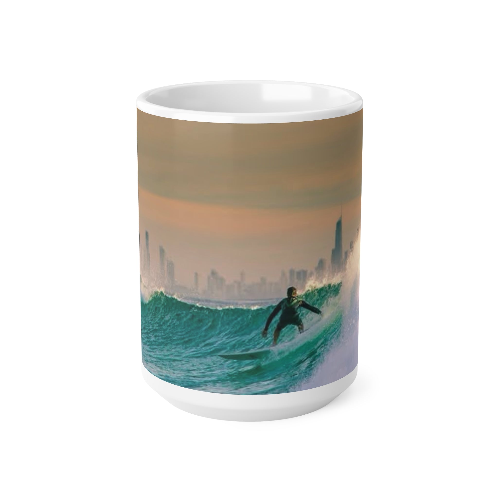 Surfer City Skyline Ceramic Coffee Mug – Ocean Wave Sunrise 11oz & 15oz