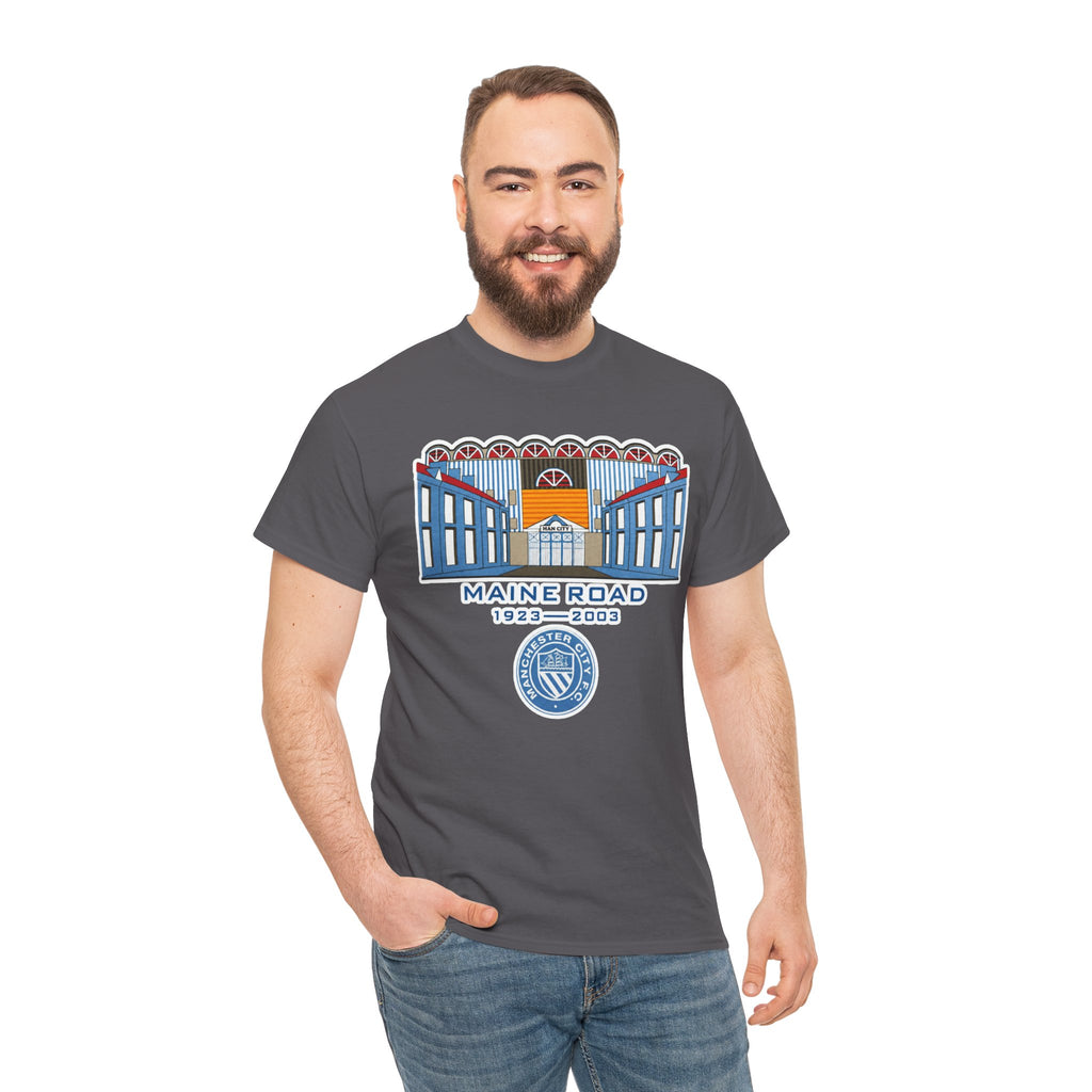 Maine Road 1923–2003 Cotton T-Shirt — Vintage Stadium Illustration Tee