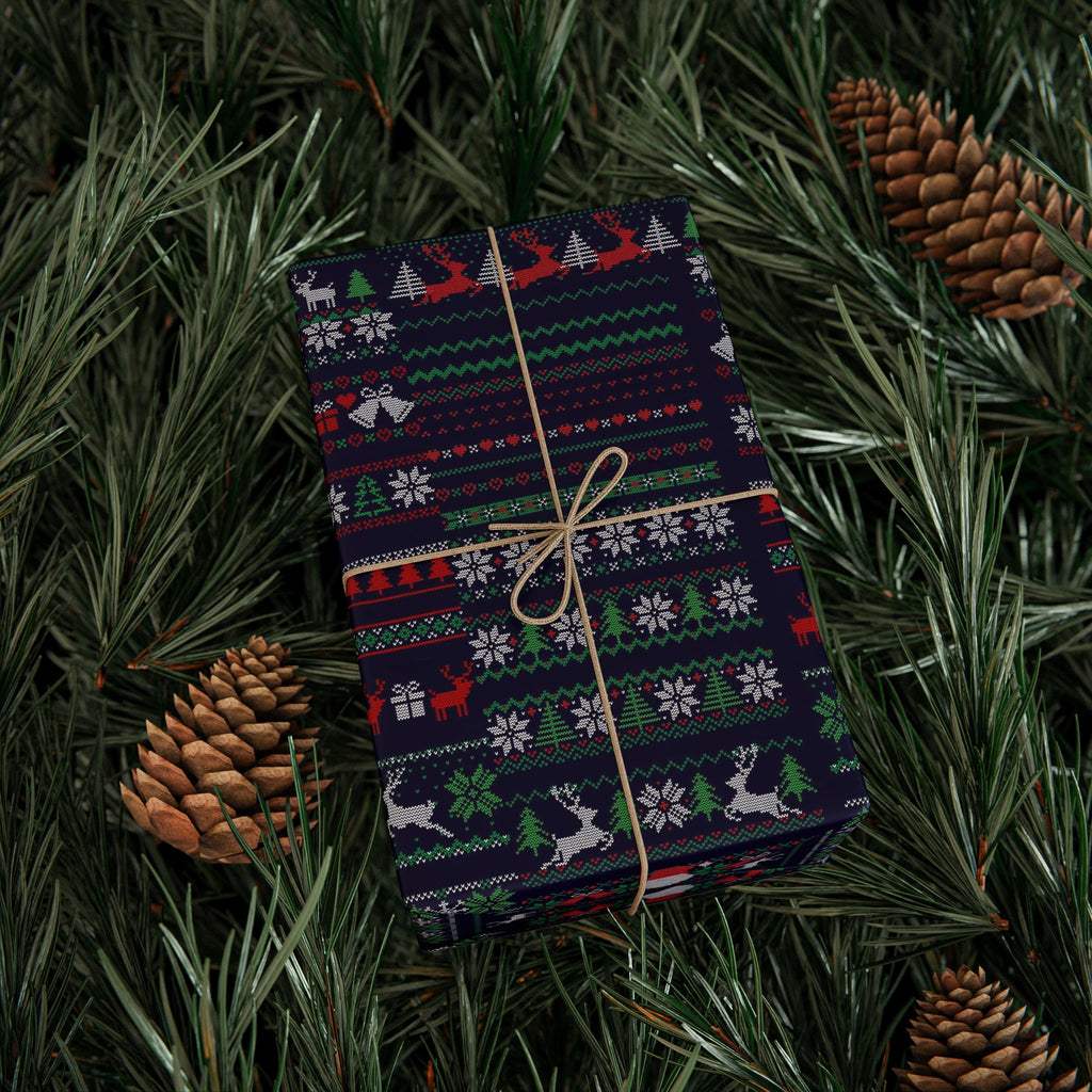 Wrapping Paper - Dark Holiday Fair Isle Reindeer & Snowflake Gift Wrap