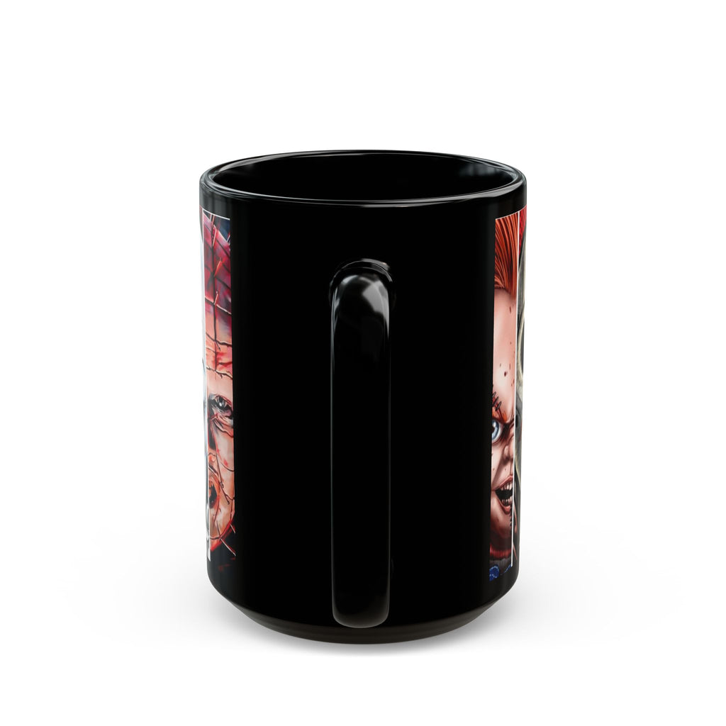 Horror Icons Collage Mug — Leatherface, Ghostface, Jigsaw & Pennywise Black Coffee Cup