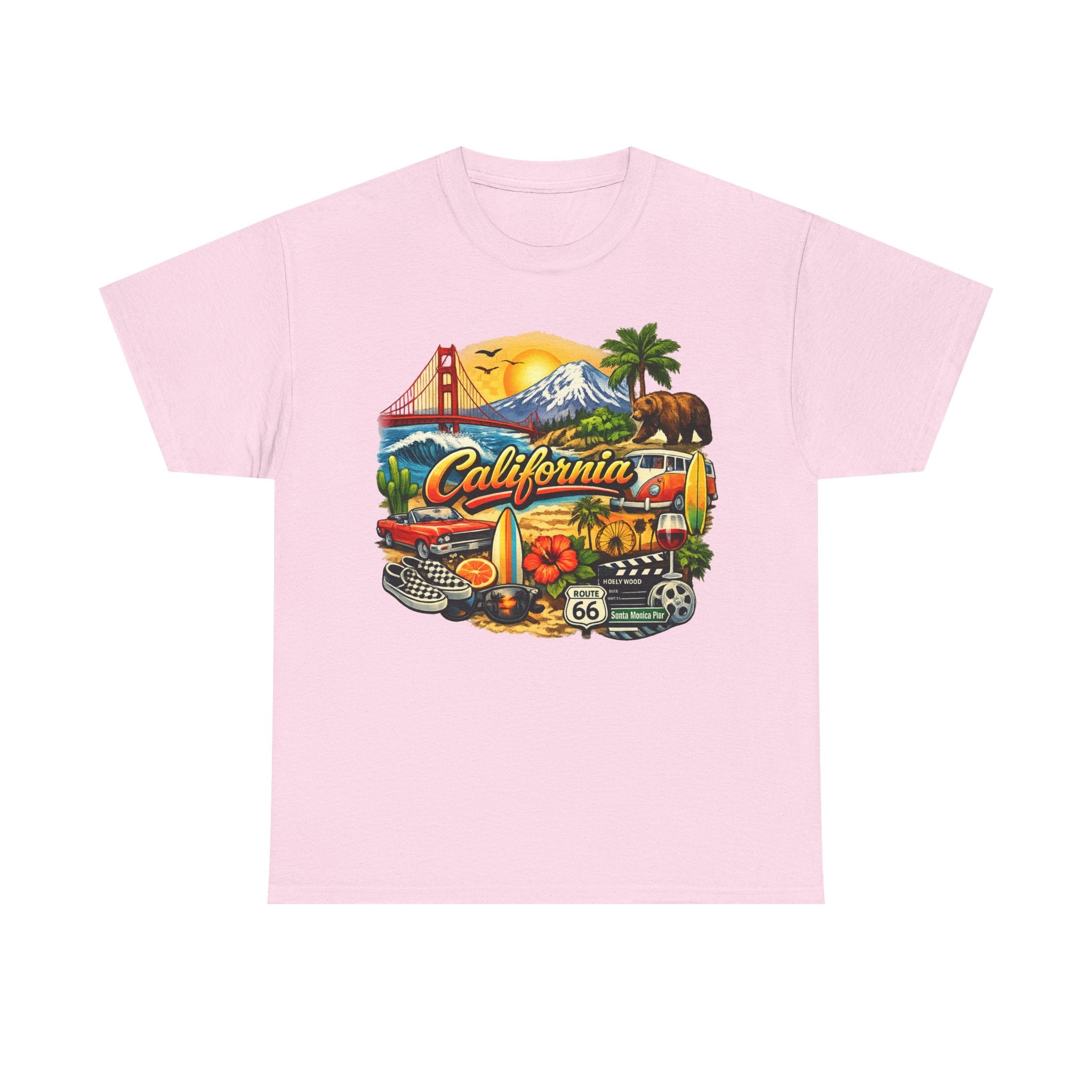 California Vintage Travel T-Shirt — Golden Gate, Palm Trees & Route 66 Tee