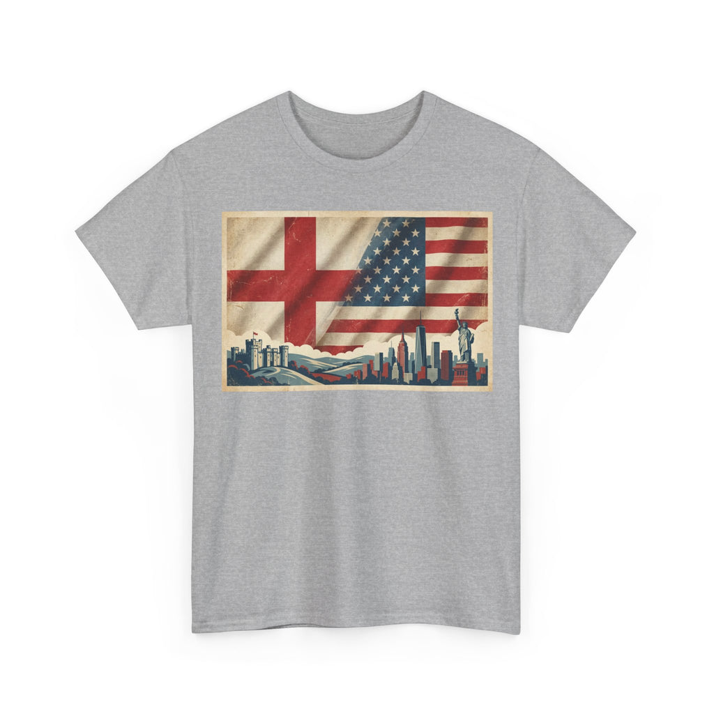 England + USA Flag Skyline T-Shirt — Vintage London & New York City Pride Tee