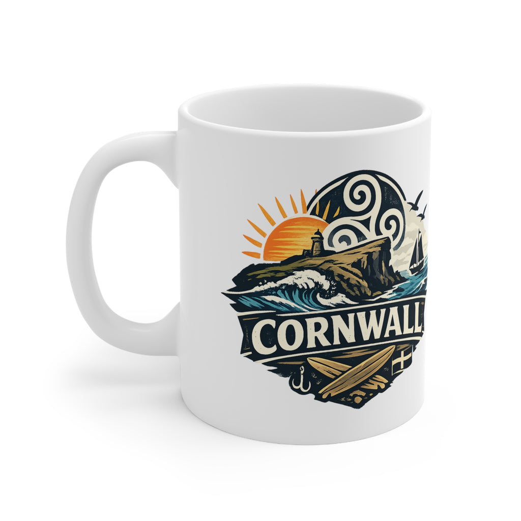 Cornwall Coastal Mug — Scenic Sunset Sail Ceramic Coffee Cup (11oz & 15oz)
