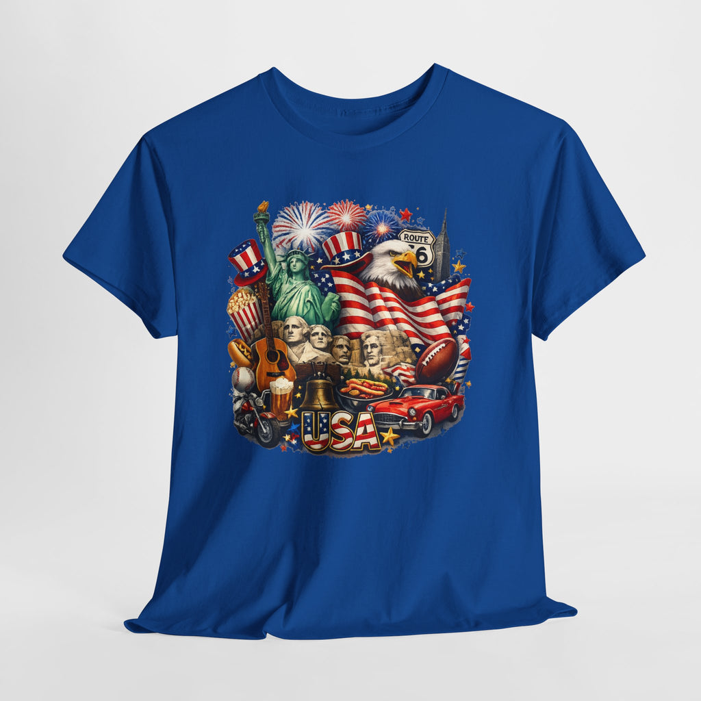 Patriotic USA Graphic Tee – American Flag, Statue of Liberty & Fireworks T-Shirt