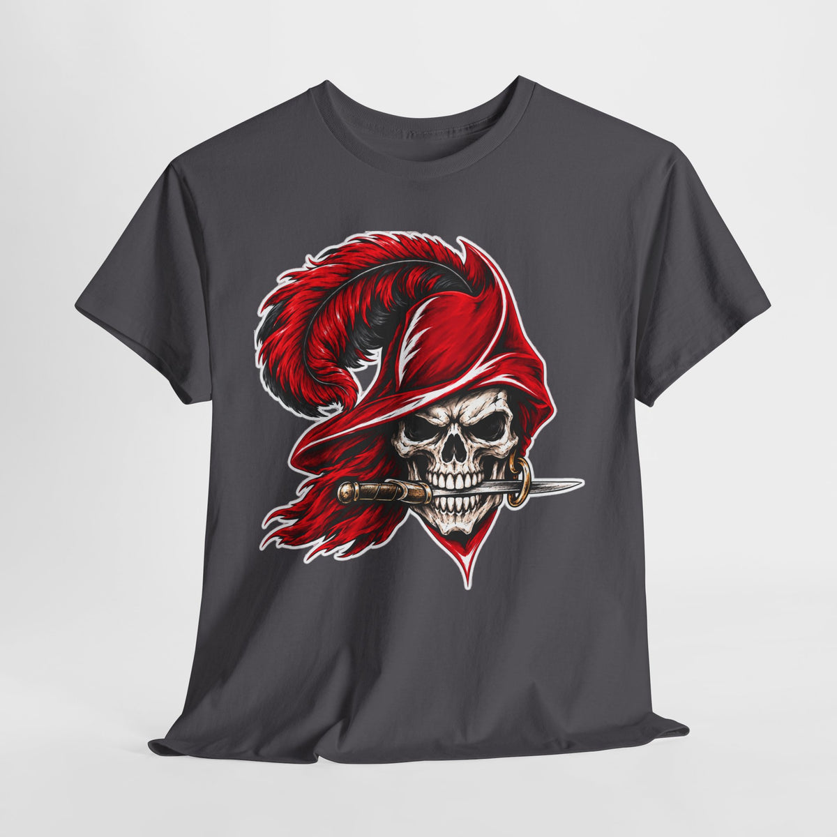 Skull Pirate Tee — Red Feathered Bandana Skull T‑Shirt