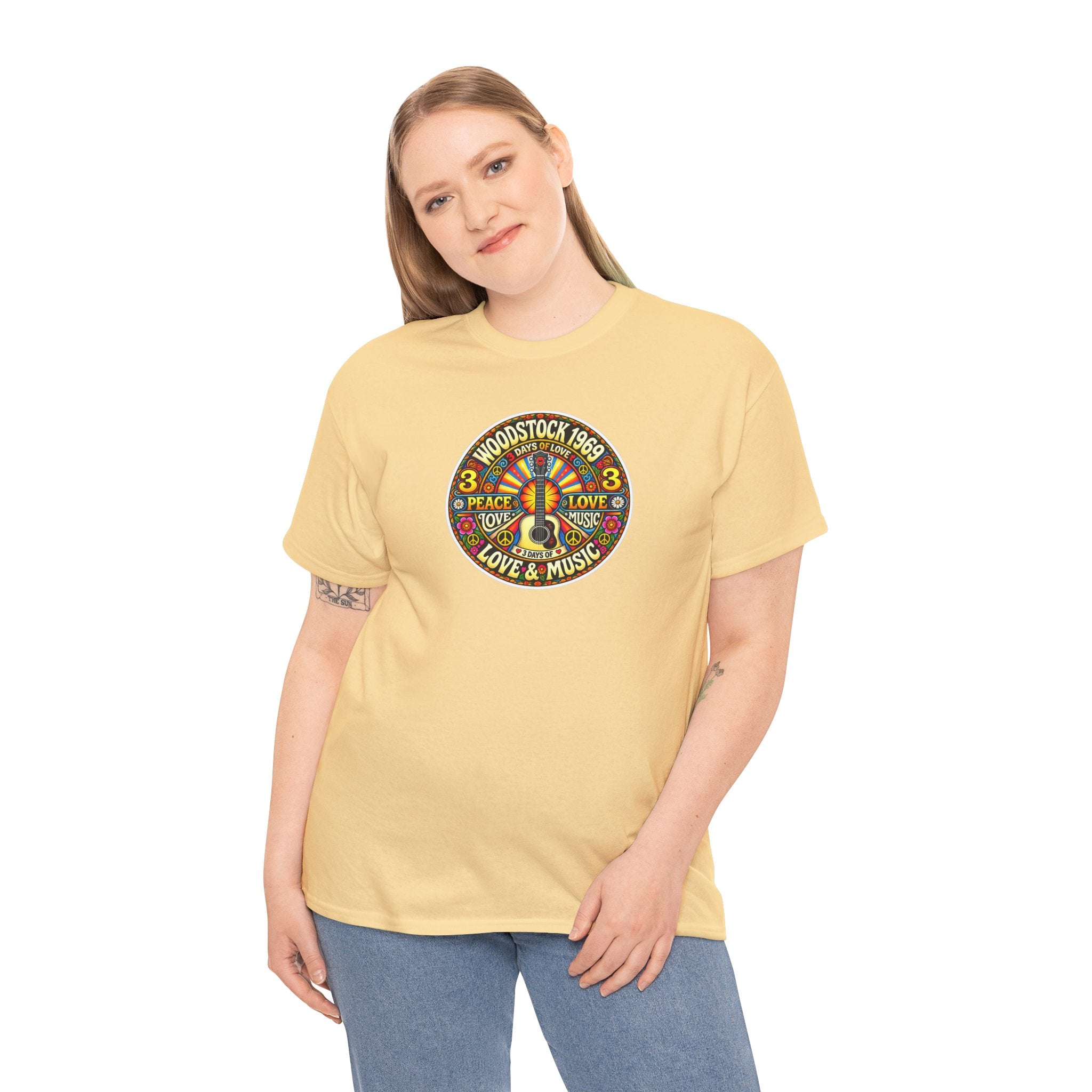 Woodstock 1969 Peace & Love Graphic Cotton T- Shirt / Tee