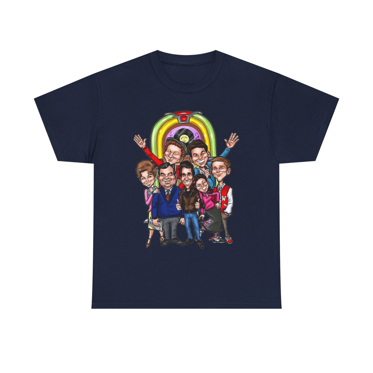 Happy Days Cast Caricature Tee — Retro 70s Sitcom Graphic T-Shirt