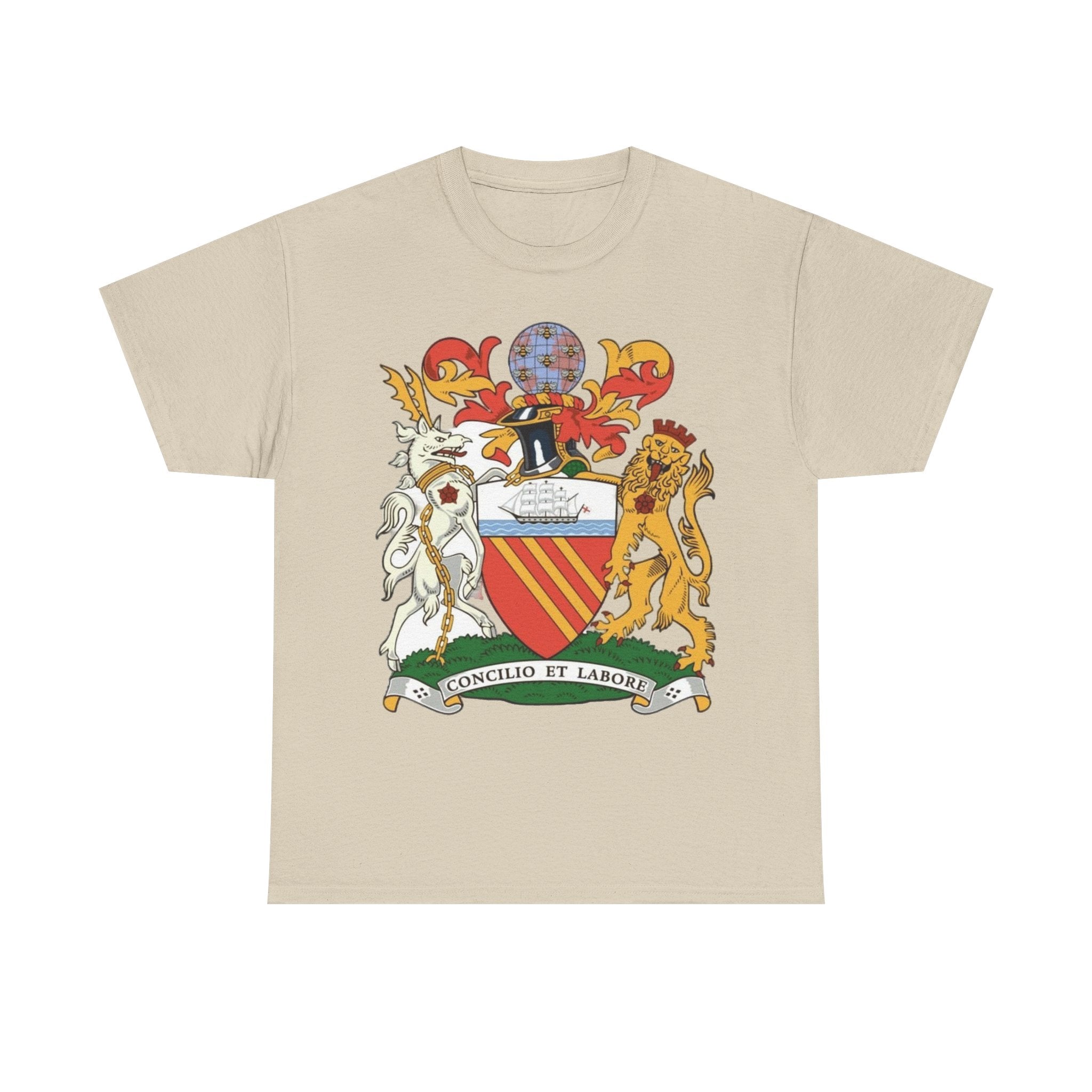 Manchester Coat of Arms Crest T‑Shirt — Heraldic Family Shield Tee with 'Concilio et Labore' Banner