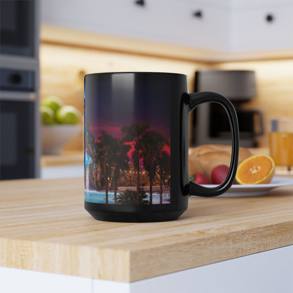 Volcano Bay at Night Black Mug — Illuminated Waterfall & Palm Tree Coffee Cup (11oz/15oz)