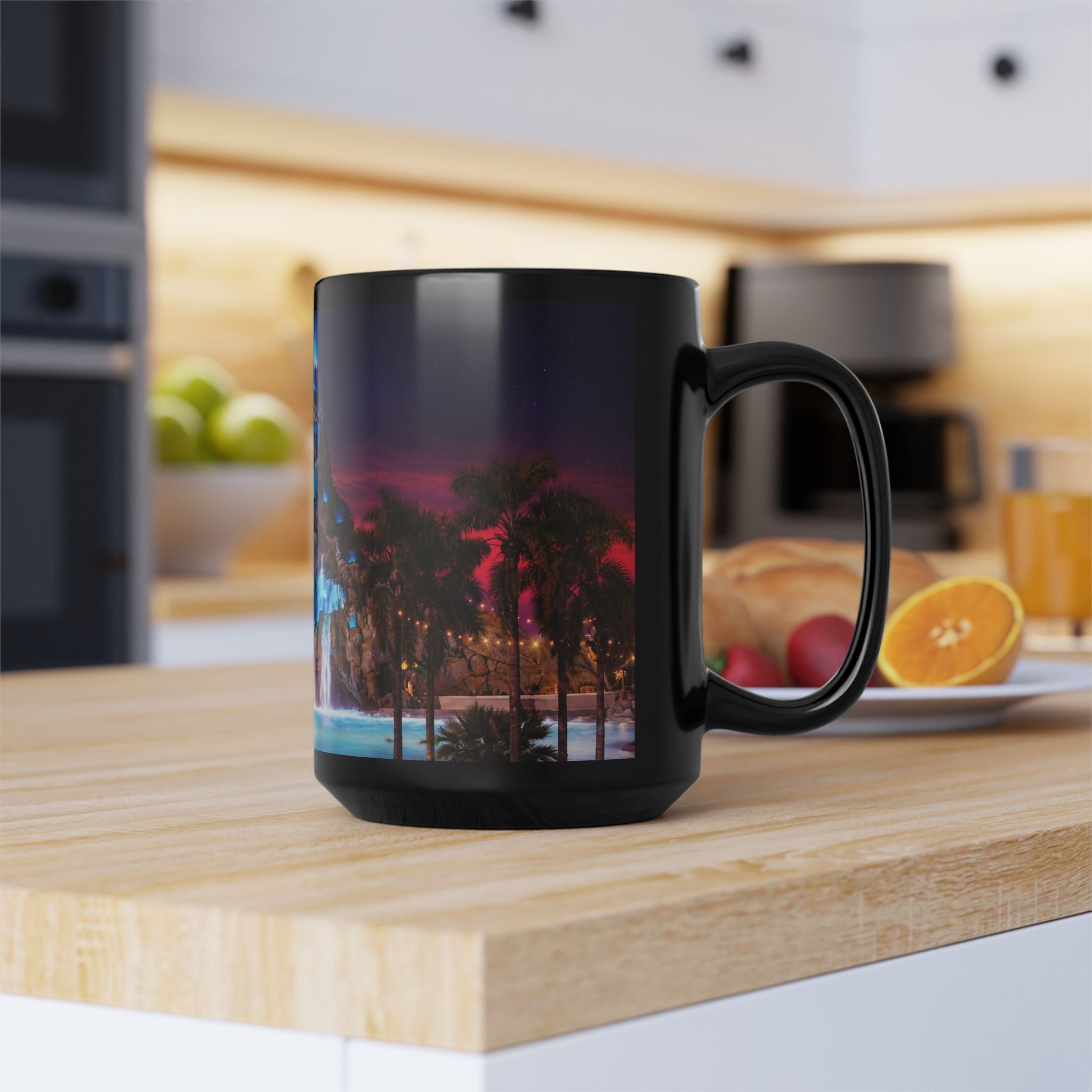 Volcano Bay at Night Black Mug — Illuminated Waterfall & Palm Tree Coffee Cup (11oz/15oz)