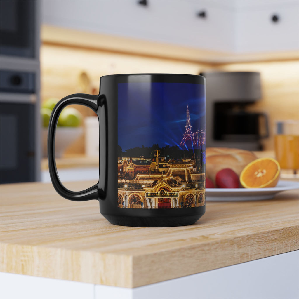 Disneyland Paris Park Nightscape Black Mug — Illuminated Main Street Skyline (11oz/15oz)