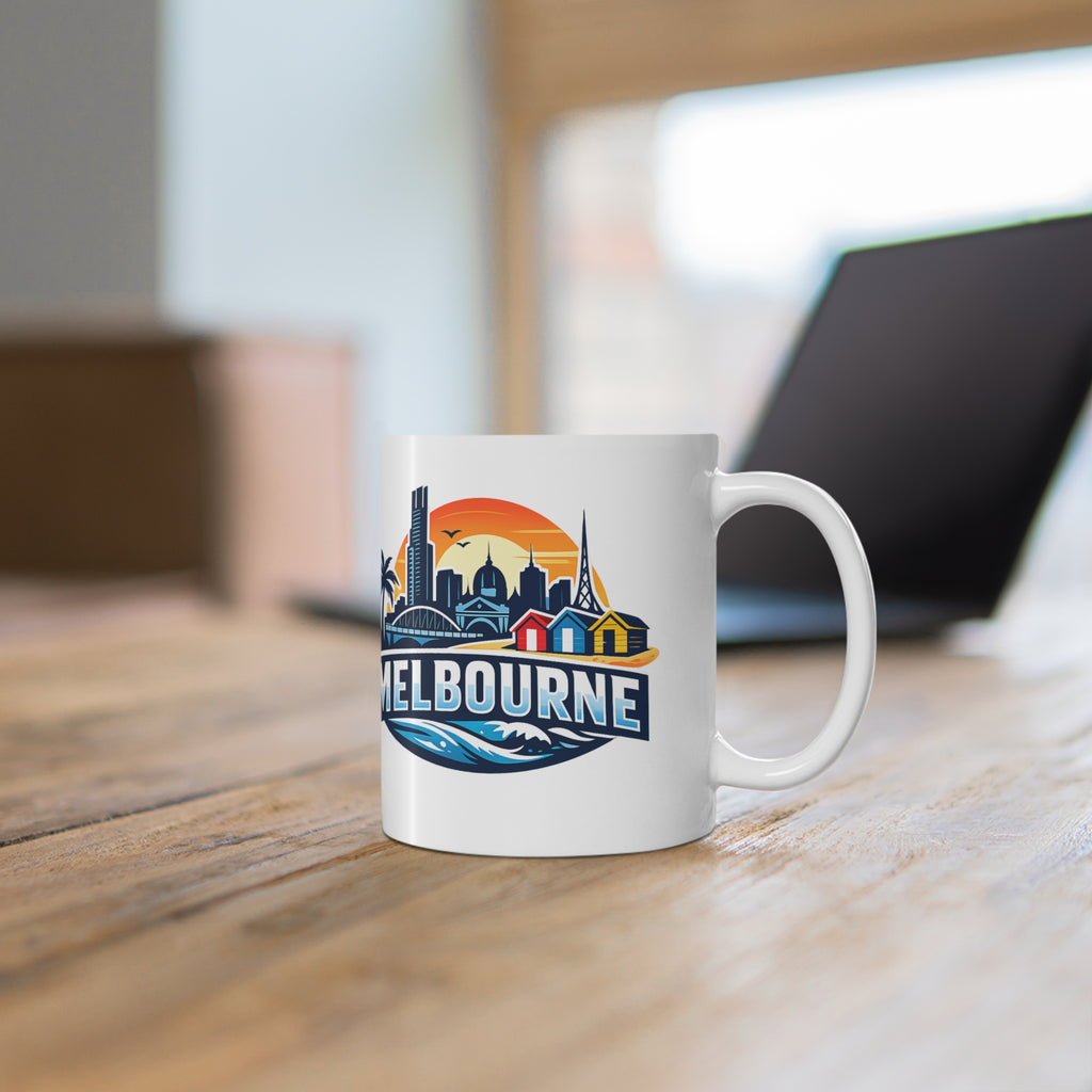 Melbourne Skyline Ceramic Coffee Mug — Retro Beach Cityscape 11oz/15oz