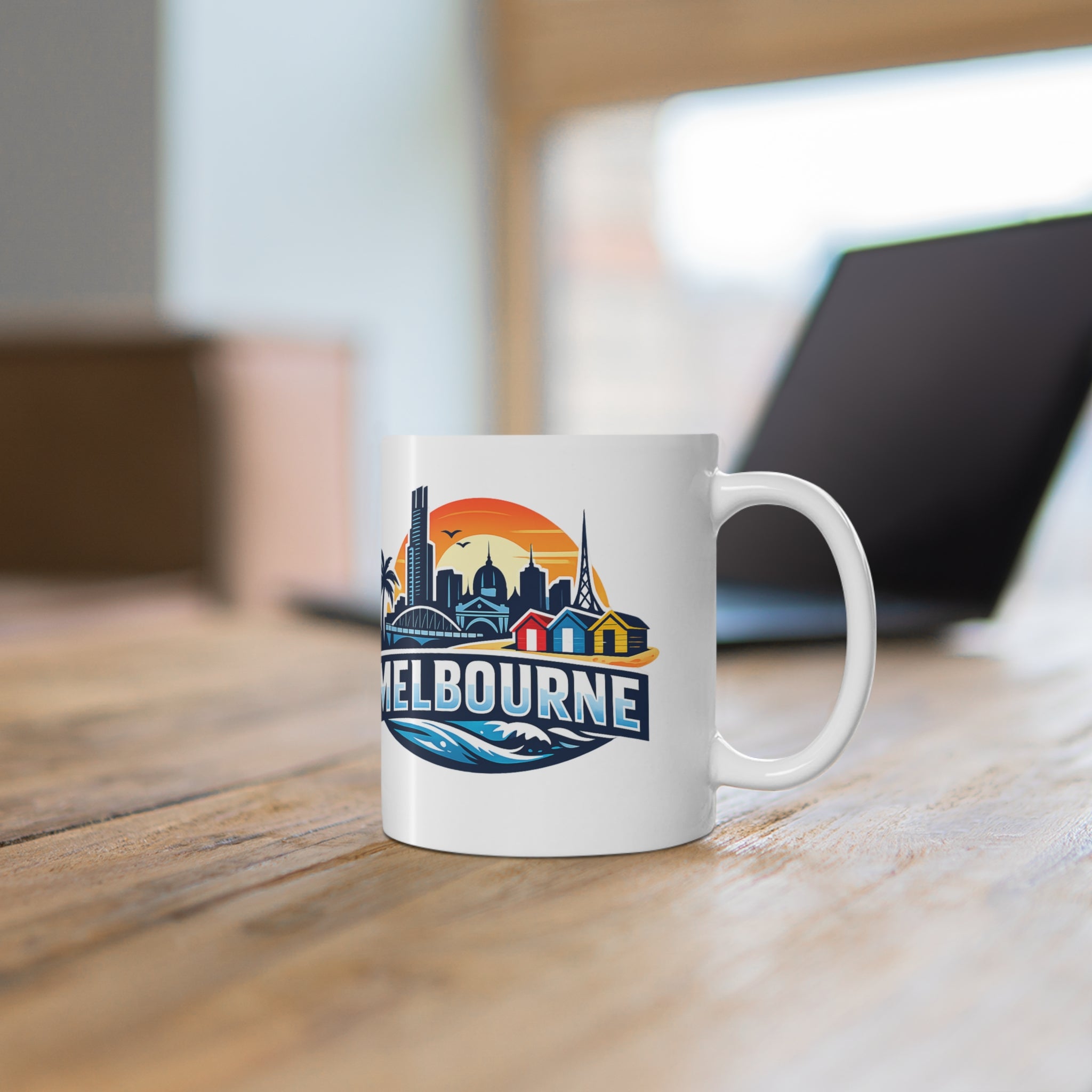 Melbourne Skyline Ceramic Coffee Mug — Retro Beach Cityscape 11oz/15oz