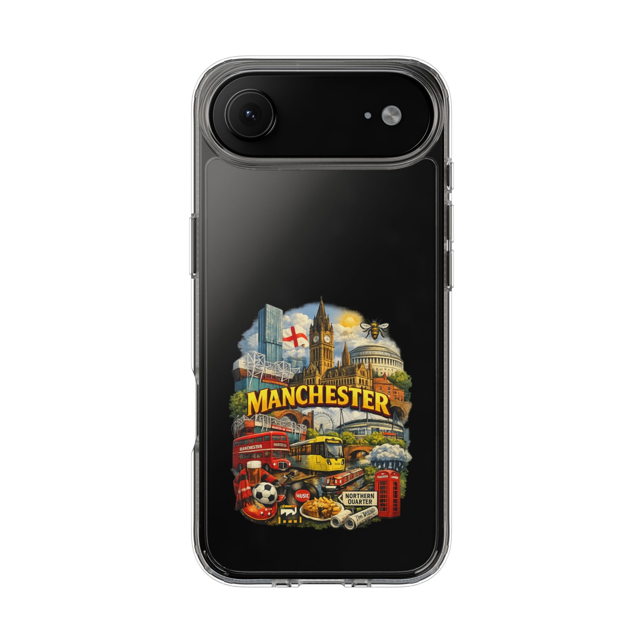 Manchester Landmark Clear Phone Case — Cityscape Collage Design