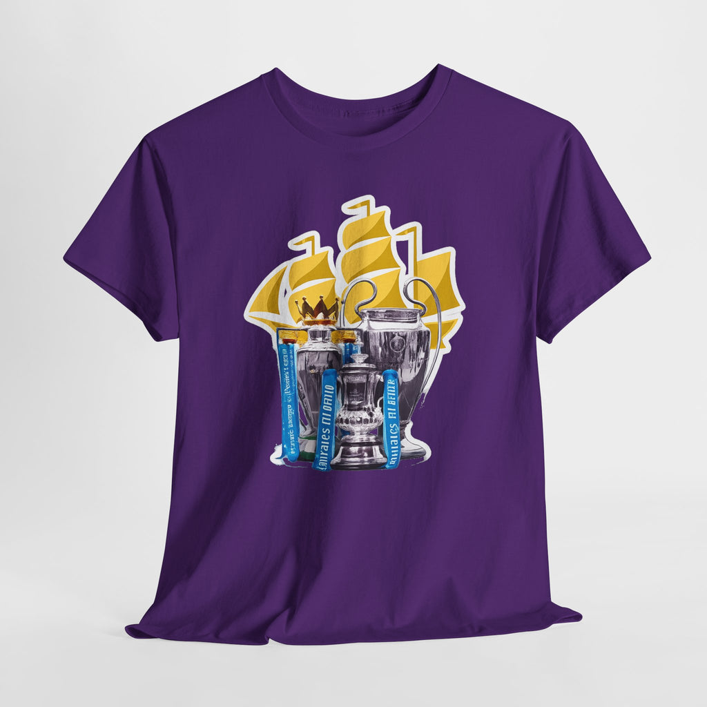 Manchester City Champions Trophy Tee – Golden Cups & Blue Scarves Football Fan Shirt