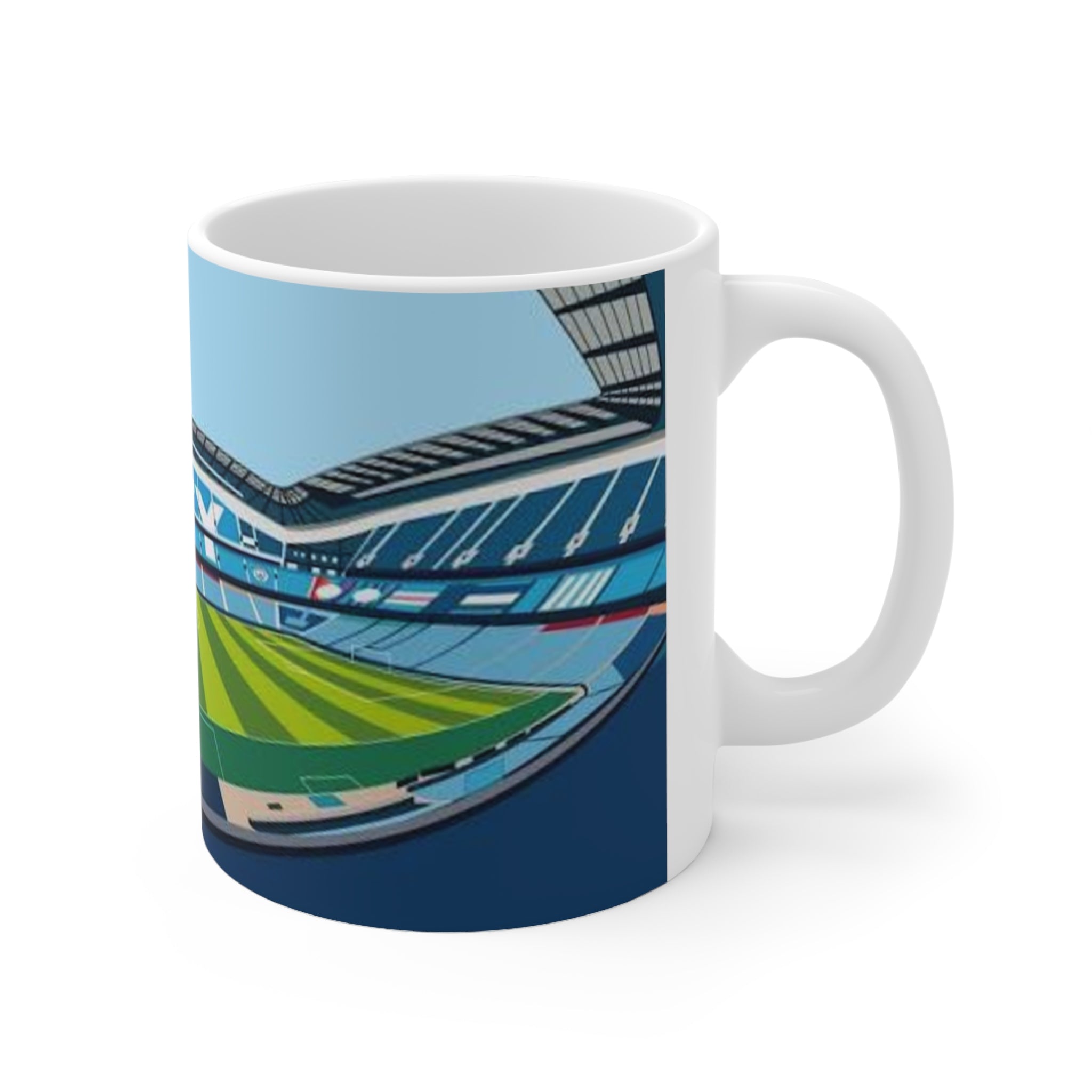 Manchester City Etihad Stadium Panorama Mug — Soccer Pitch Ceramic Coffee Cup (11oz & 15oz)