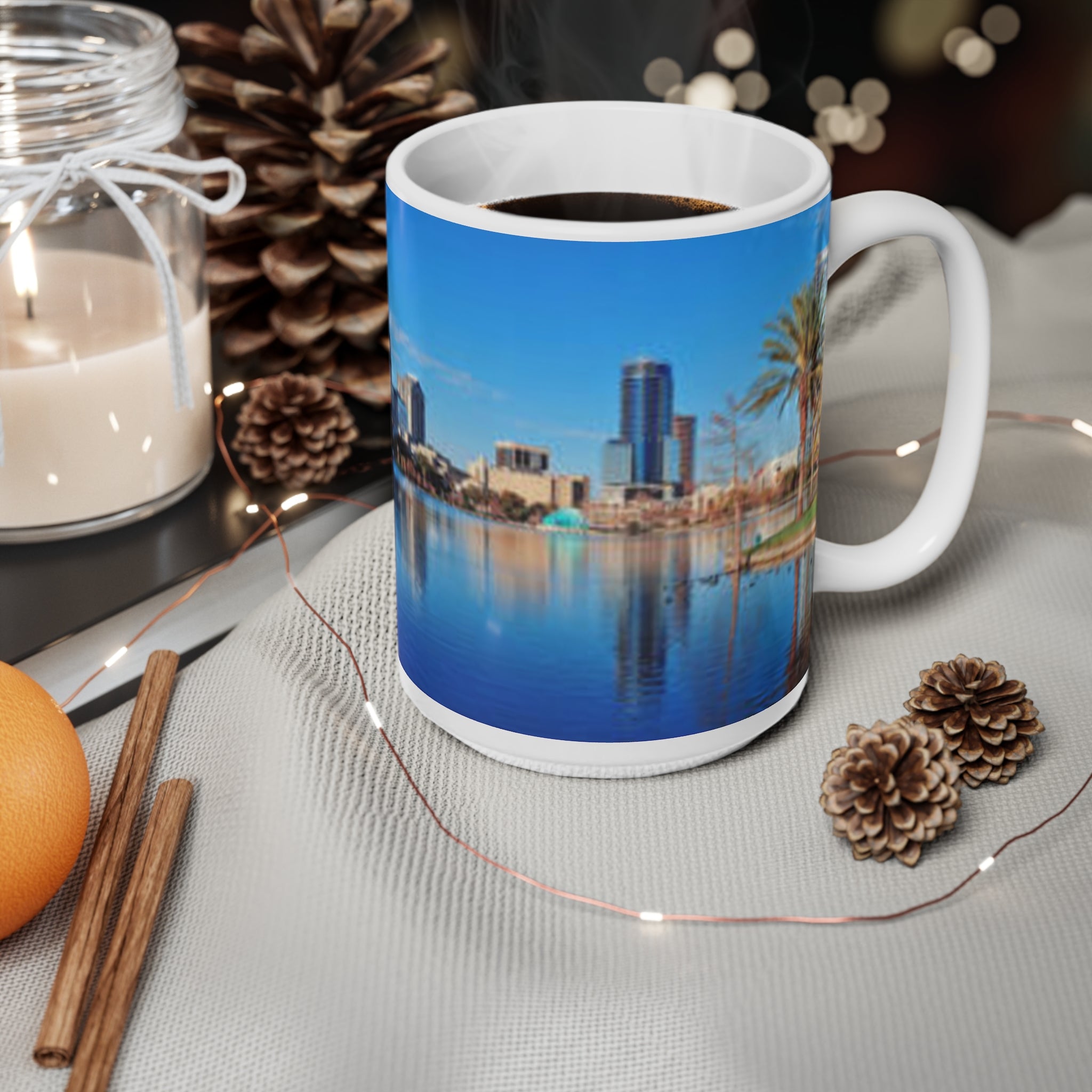City Skyline Ceramic Mug — Waterfront Reflection Coffee Cup (11oz & 15oz)