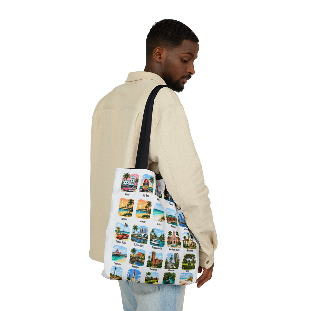 Florida City Landmark Collage Canvas Tote Bag — Vintage Travel Icons Print