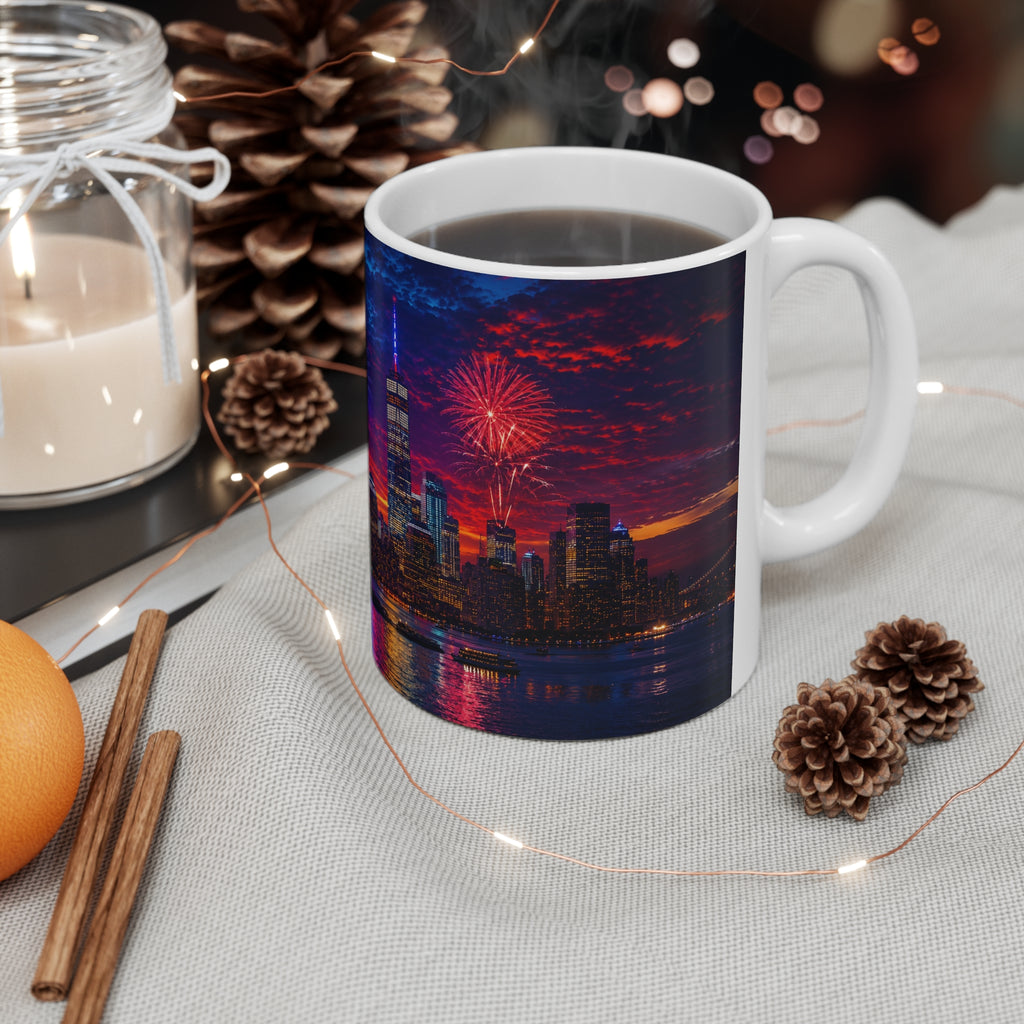 New York City Fireworks Skyline Ceramic Mug — Statue of Liberty 4th of July Coffee Cup (11oz & 15oz)