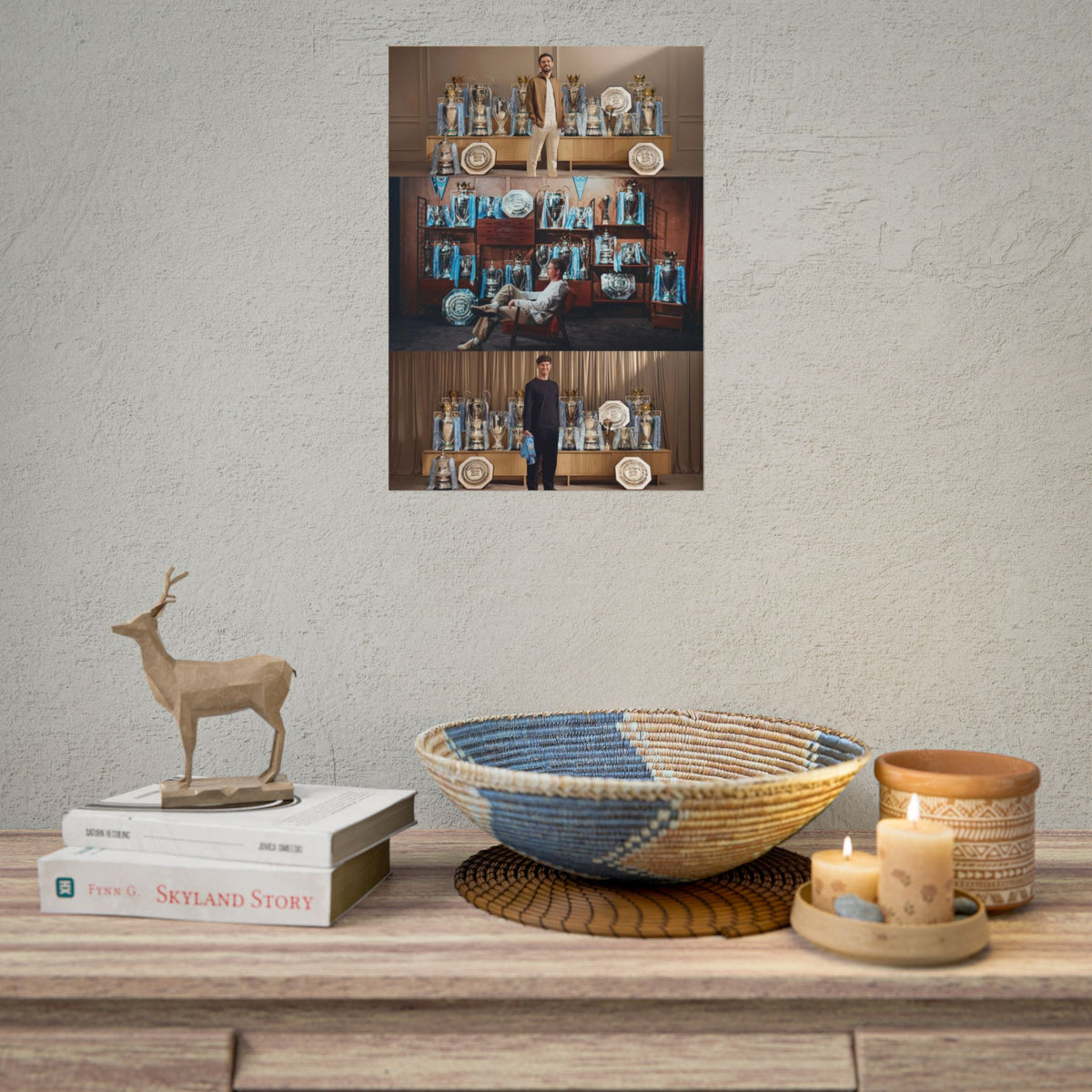 Silva, De Bruyne & Stone Trophies Manchester City Rolled Poster — Vintage Trophy Room Photo Collage