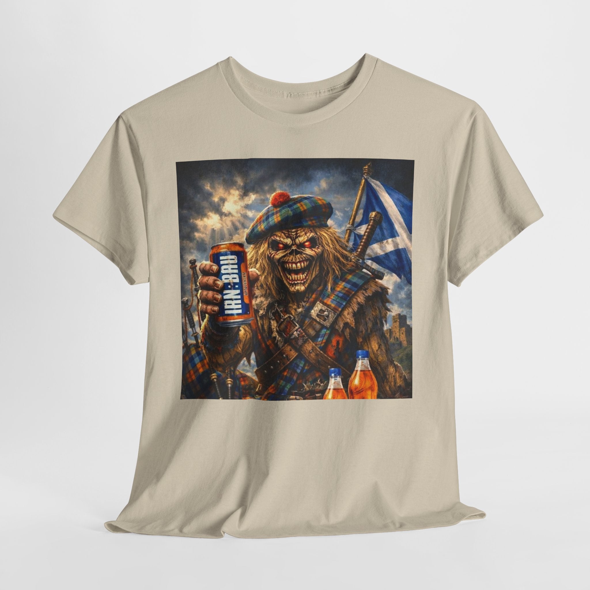 Scottish Rock Skull T‑Shirt — Eddie the Piper with Flag & Can Graphic Tee