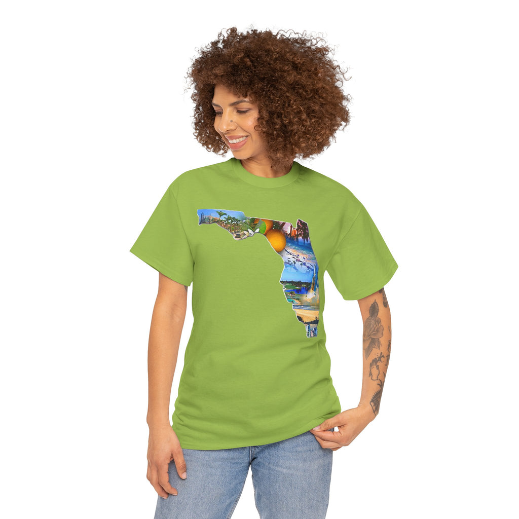 Florida State Shape T-Shirt — Scenic Beach & Sunset Map Tee