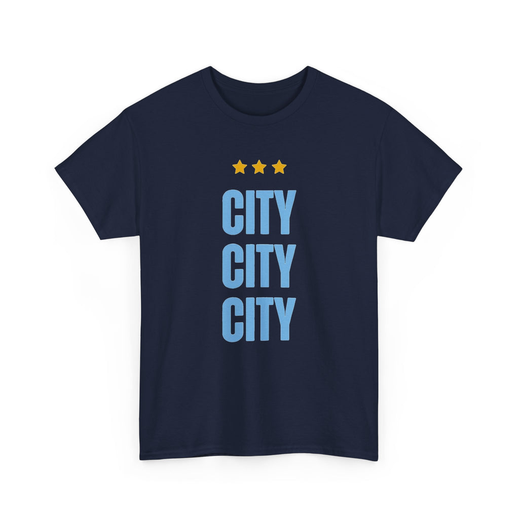 Manchester City City City Tee — Minimal Skyline Graphic T‑Shirt with Three Stars