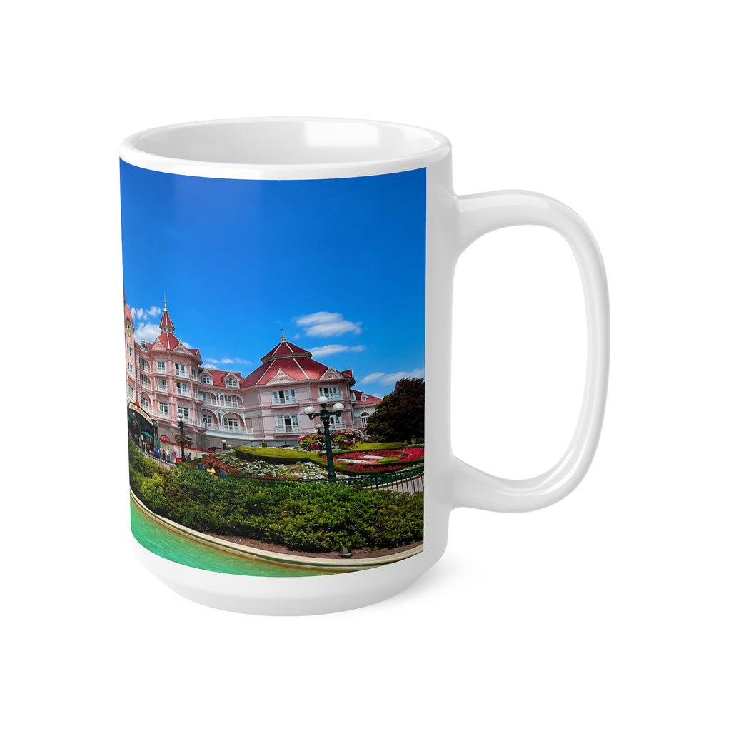 Disneyland Paris Pink Castle Photo Mug — Floral Park Scenic Coffee Cup (11oz, 15oz)