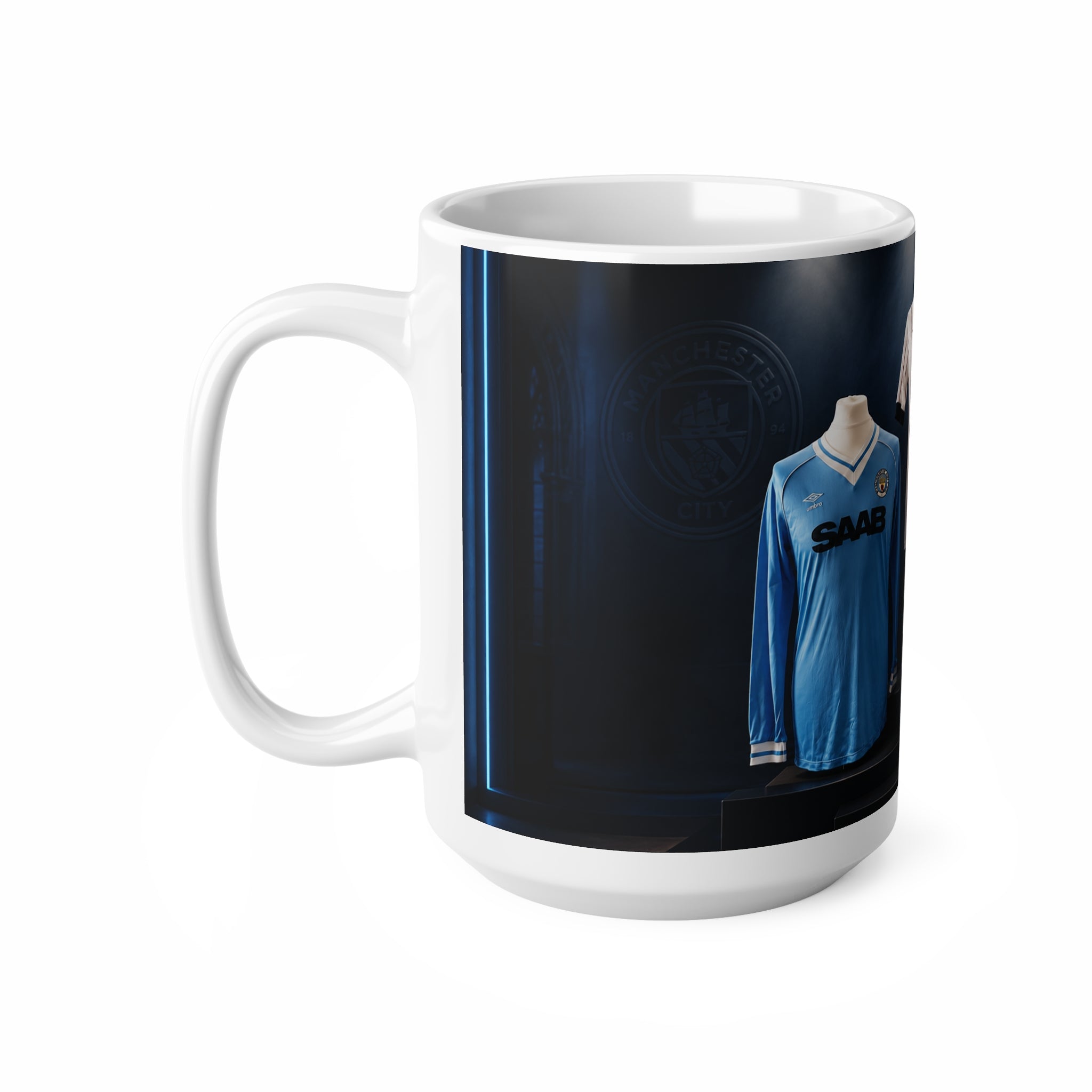 Manchester City Retro Saab Football Jersey Ceramic Mug — Vintage Soccer Memorabilia Coffee Cup (11oz/15oz)