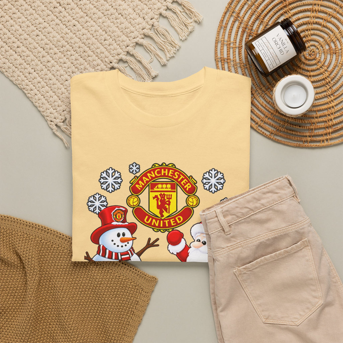 Manchester United Christmas Cotton Tee — Santa & Snowman Football Holiday Shirt