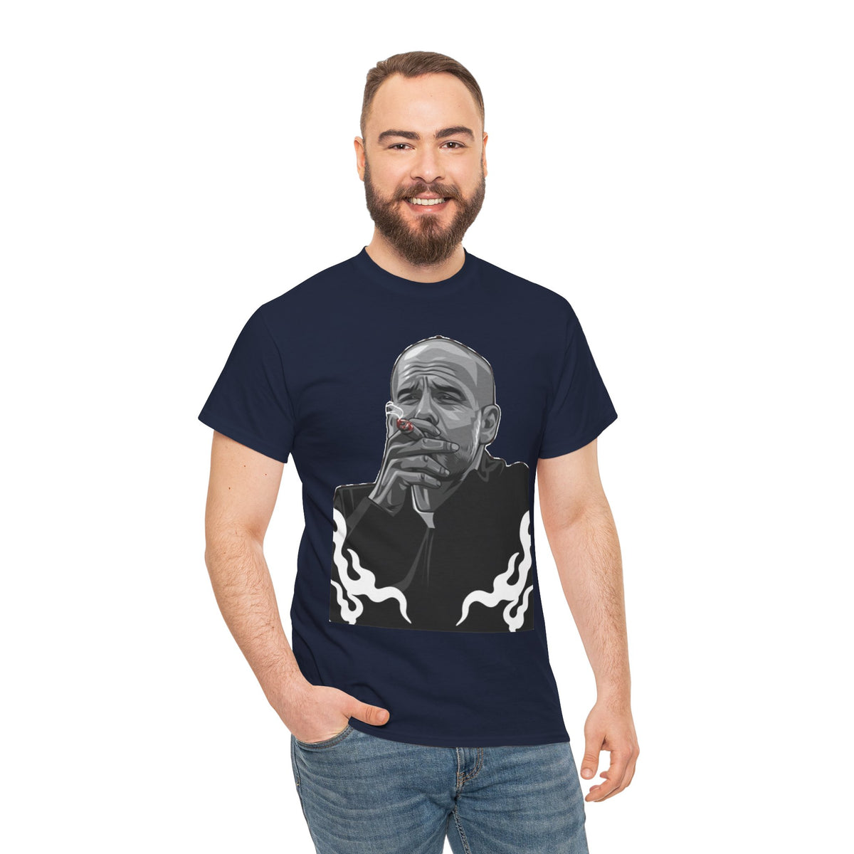 Pep Guardiola Smoking Portrait T‑Shirt — Moody Graphic Tee