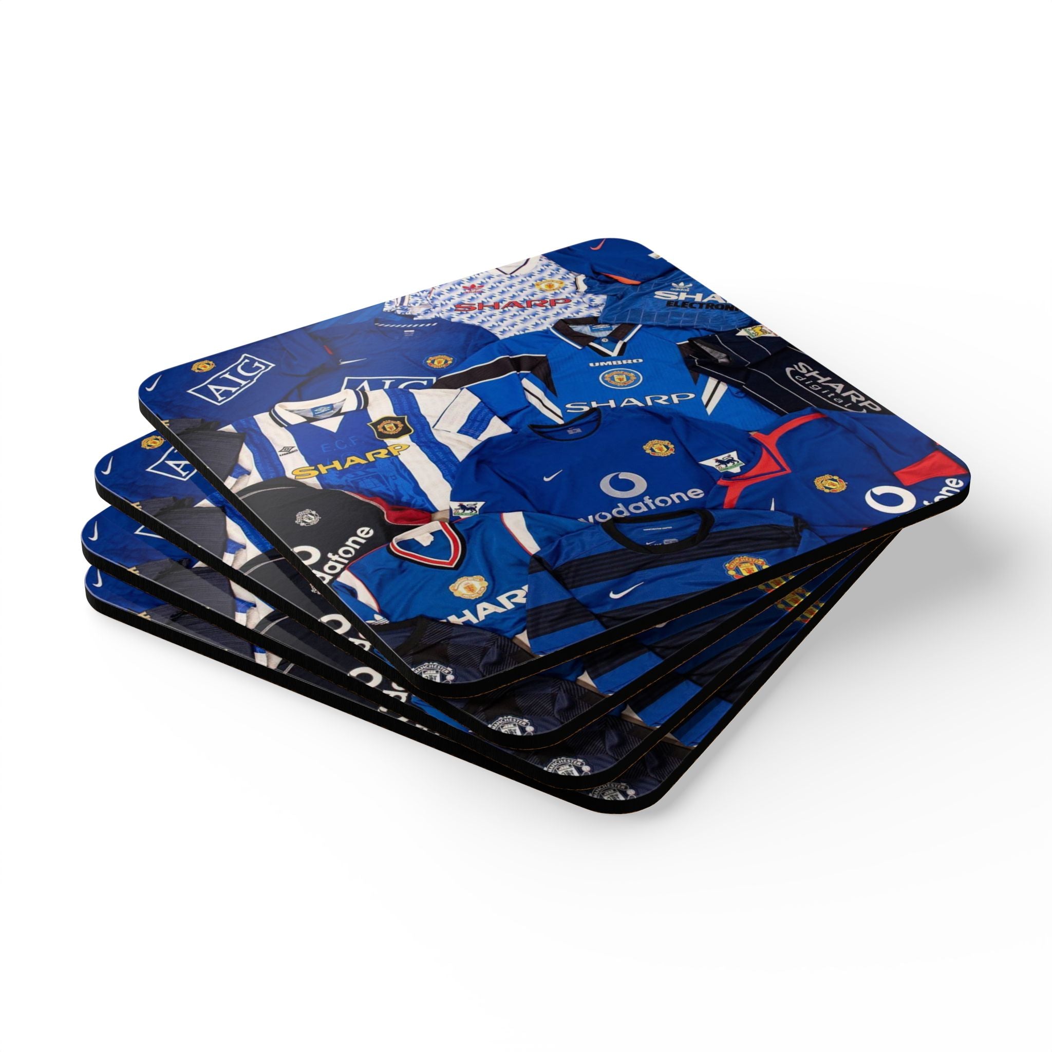 Manchester United Vintage Blue Soccer Jersey Corkwood Coaster Set – Football Memorabilia Drink Coasters (4-Pack)
