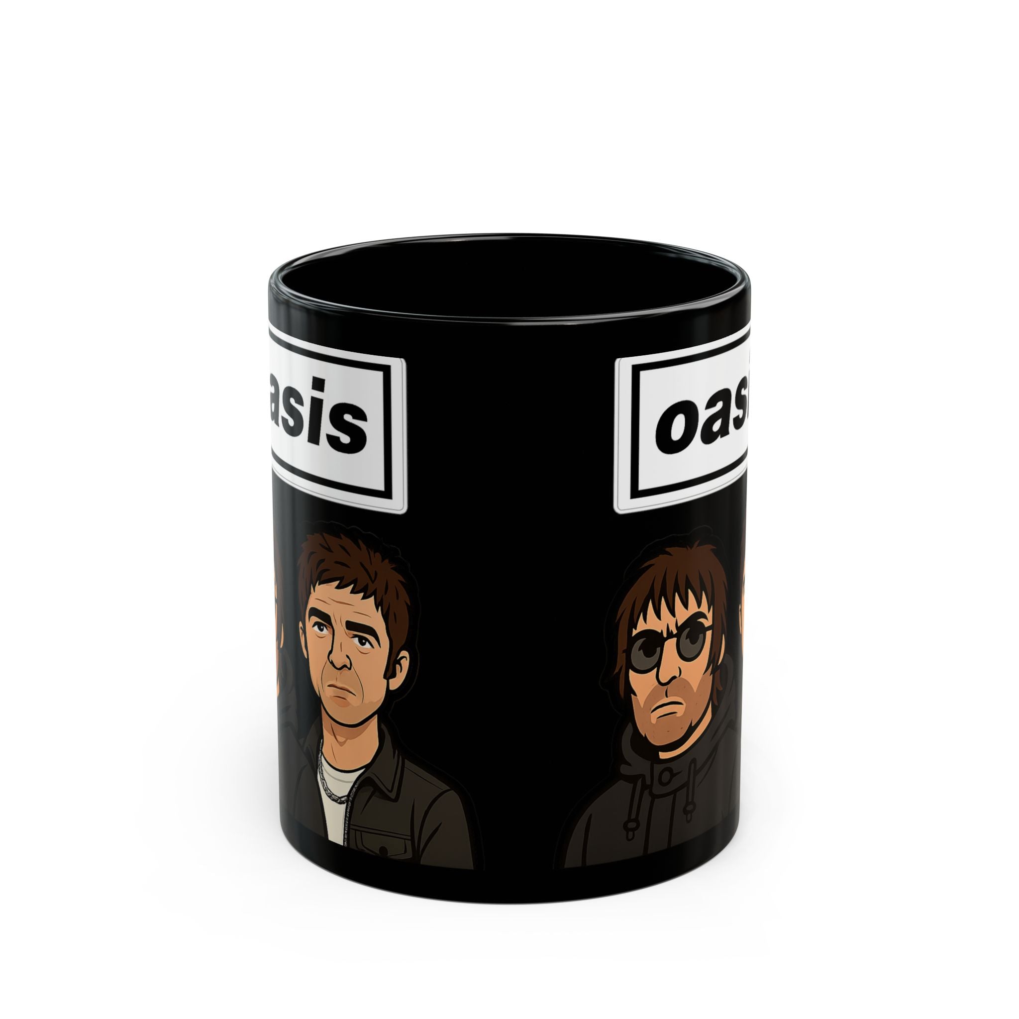 Oasis Inspired Cartoon Band Black Mug — Liam & Noel Ceramic Coffee Cup (11oz/15oz)
