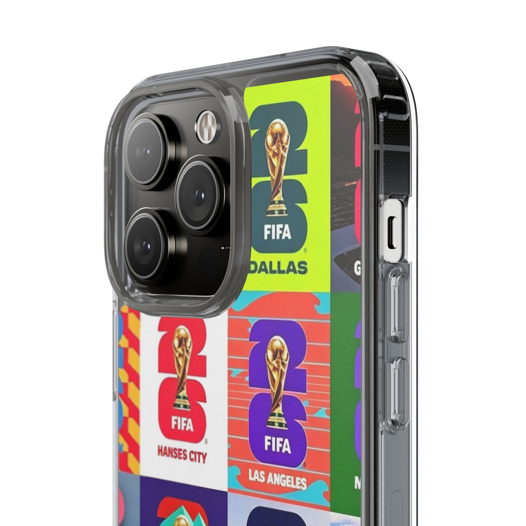 FIFA World Cup Pop Art Clear Phone Case — City Badge Collage (Dallas, LA, Monterrey, Toronto, Seattle)