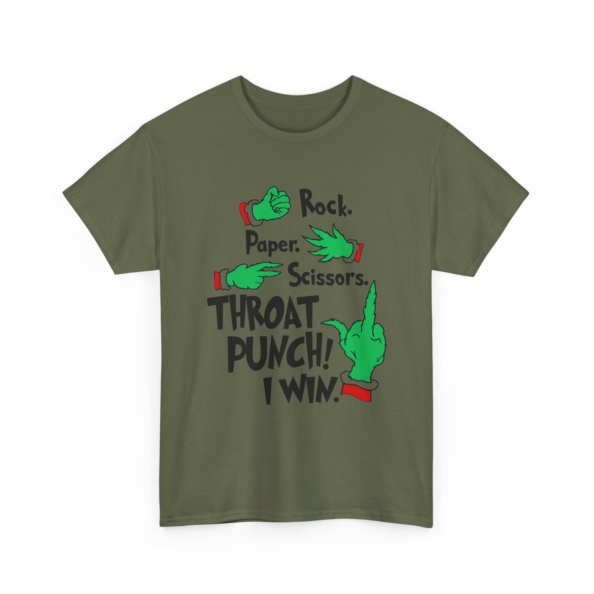 Funny Holiday Tee — "Rock. Paper. Scissors. Throat Punch! I Win" Graphic T-Shirt