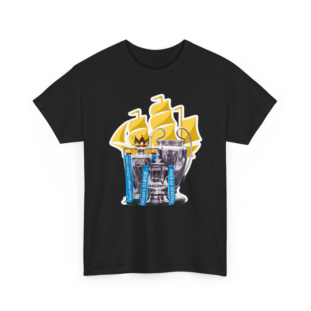 Manchester City Champions Trophy Tee – Golden Cups & Blue Scarves Football Fan Shirt