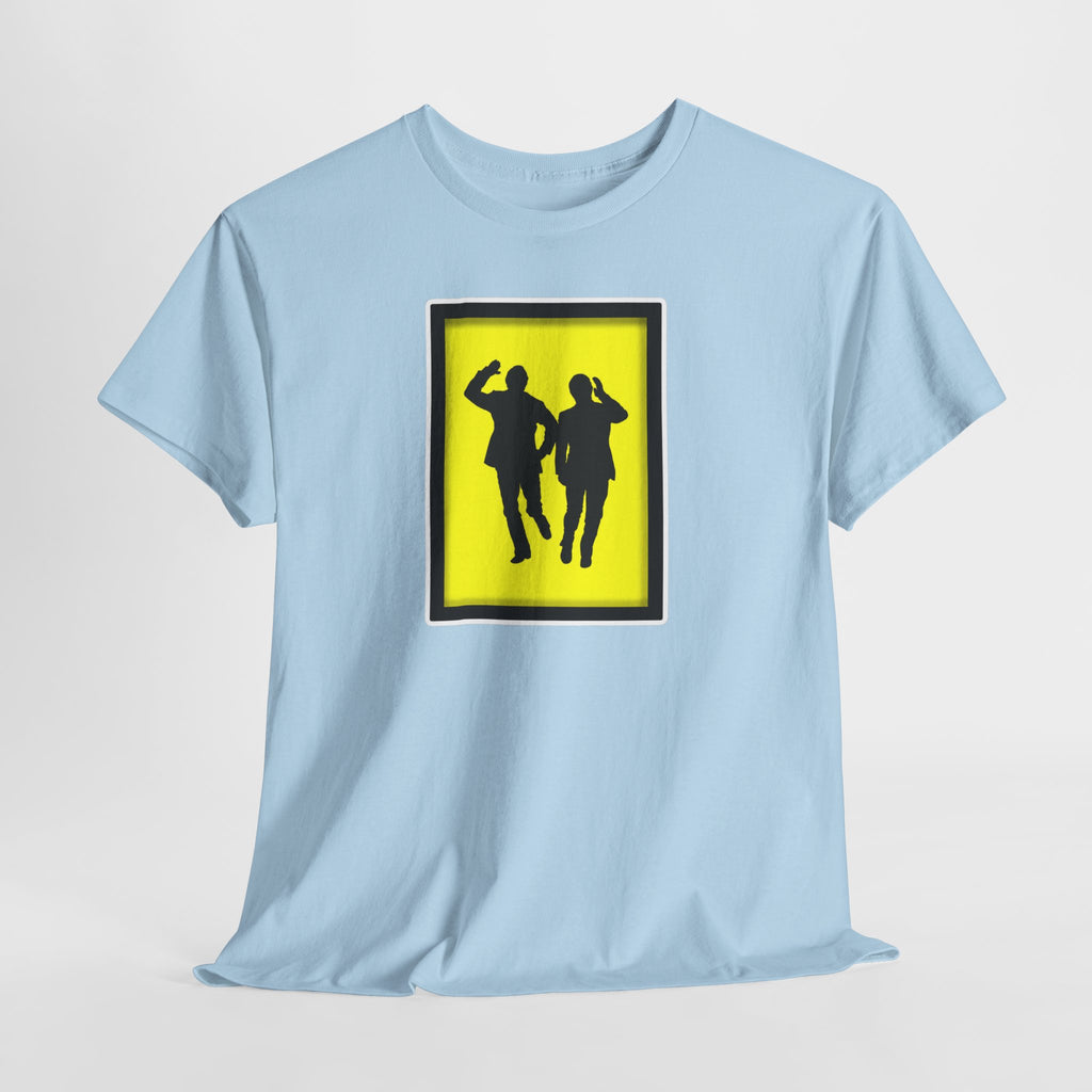 Morecambe and Wise Dancing Silhouette Tee – Retro Yellow Frame Graphic T-Shirt